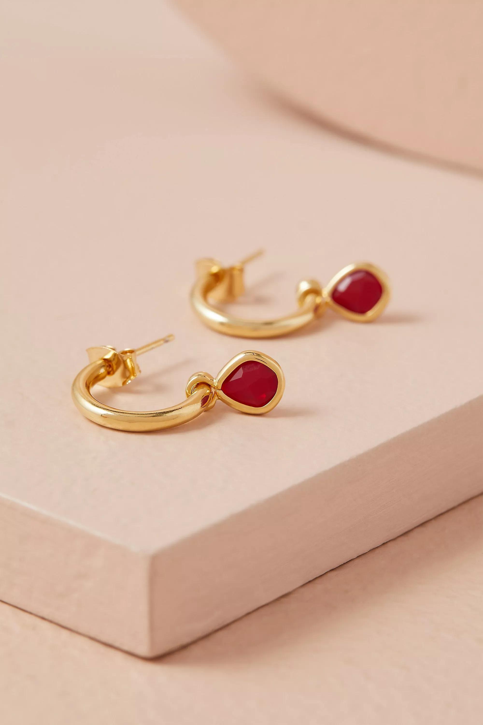 12K Gold Plated Birthstone Hoop Earrings, Red, Burgundy, medium