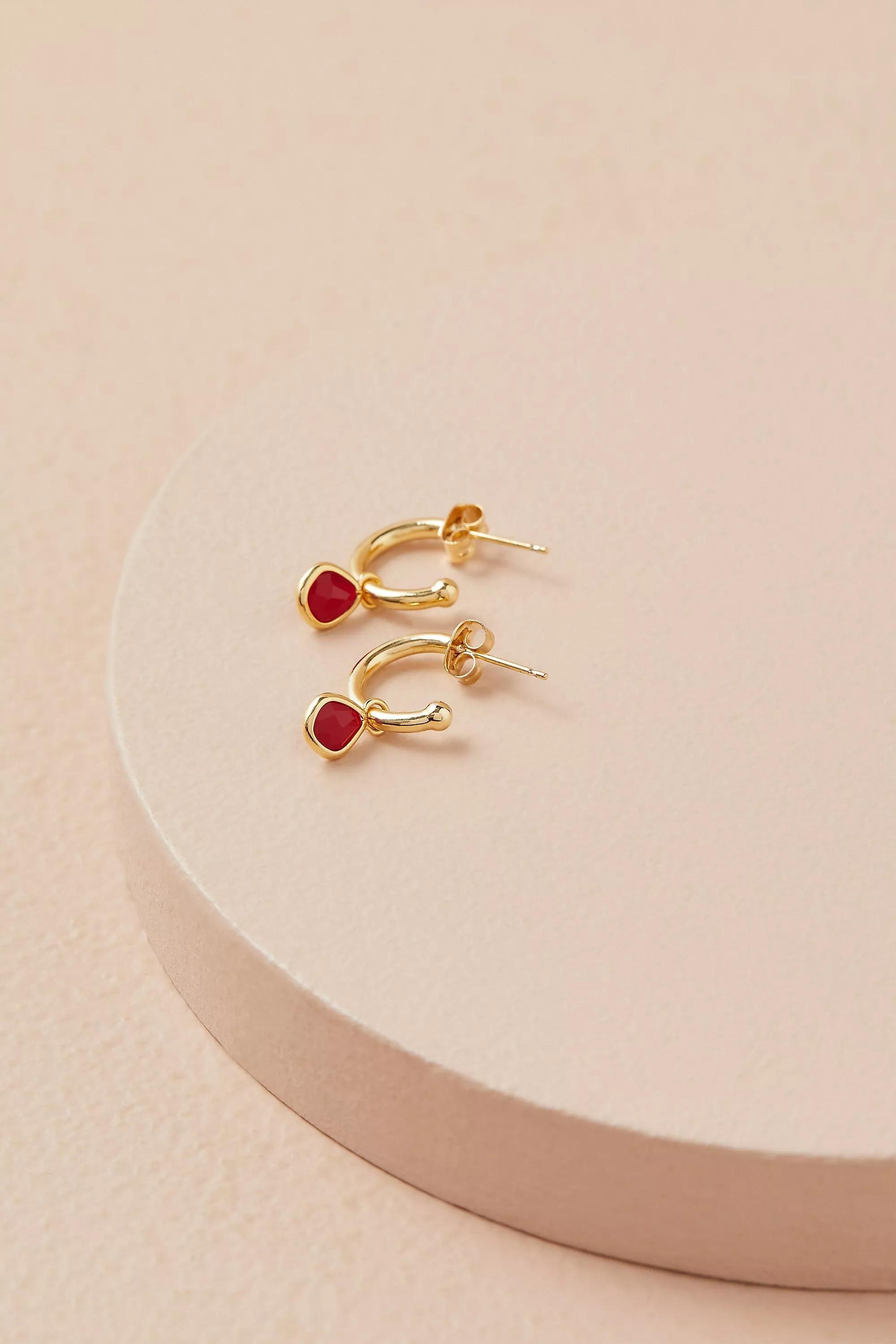 12K Gold Plated Birthstone Hoop Earrings, Red, Burgundy, large image number 2