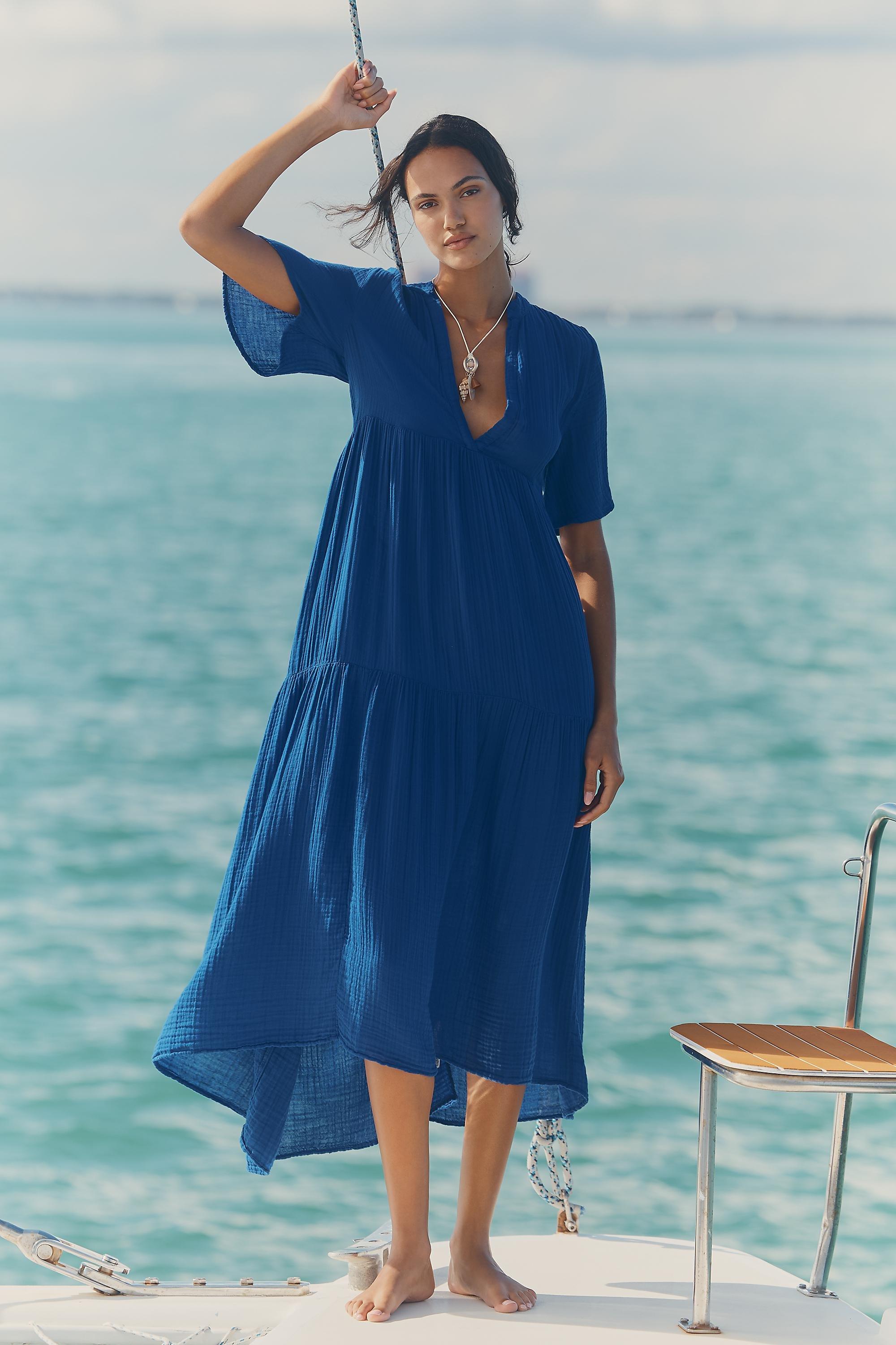 By Anthropologie The Kallie Flowy Midi Dress, Blue, Blue, medium