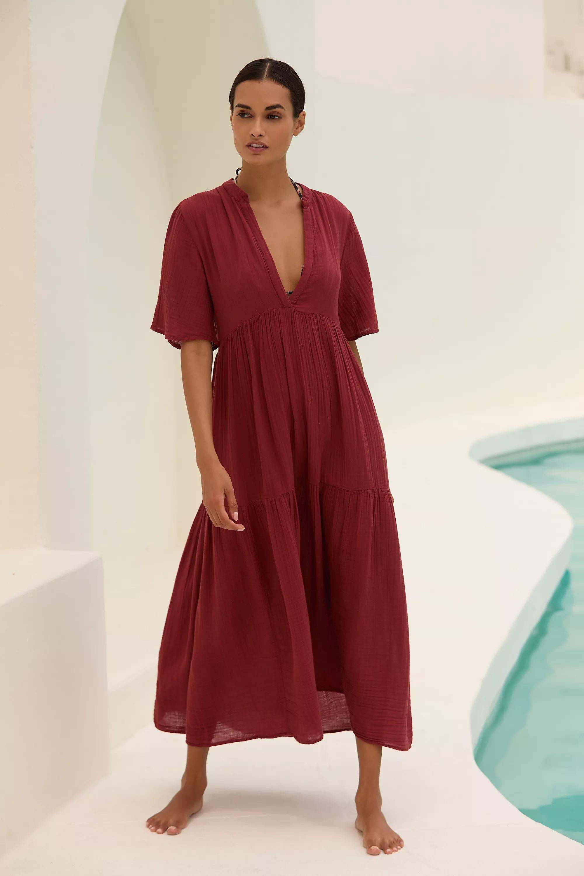Flowy Maxi Dress, Burgundy, , medium