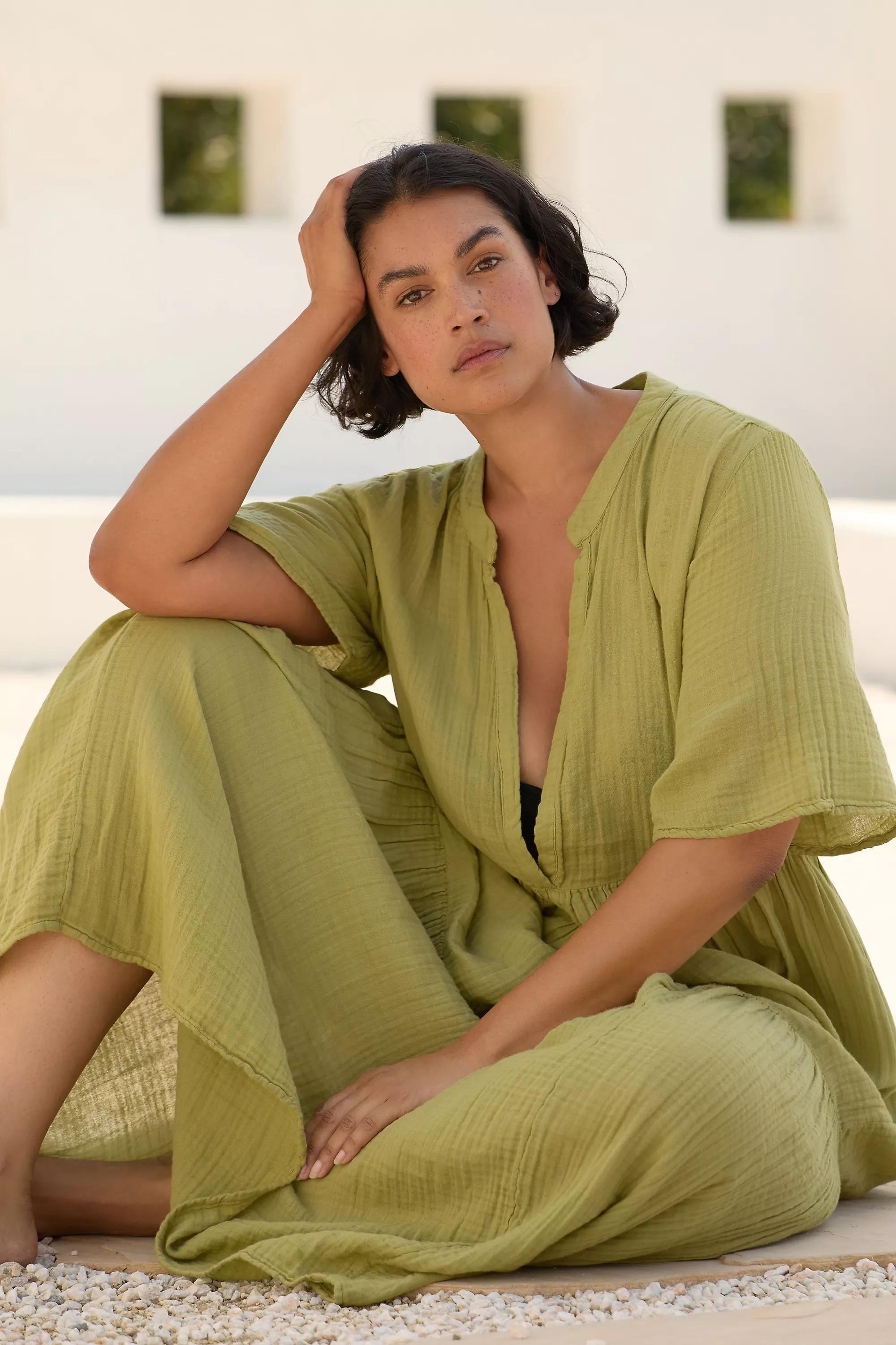 By Anthropologie The Kallie Flowy Midi Dress, Khaki, , large image number 3