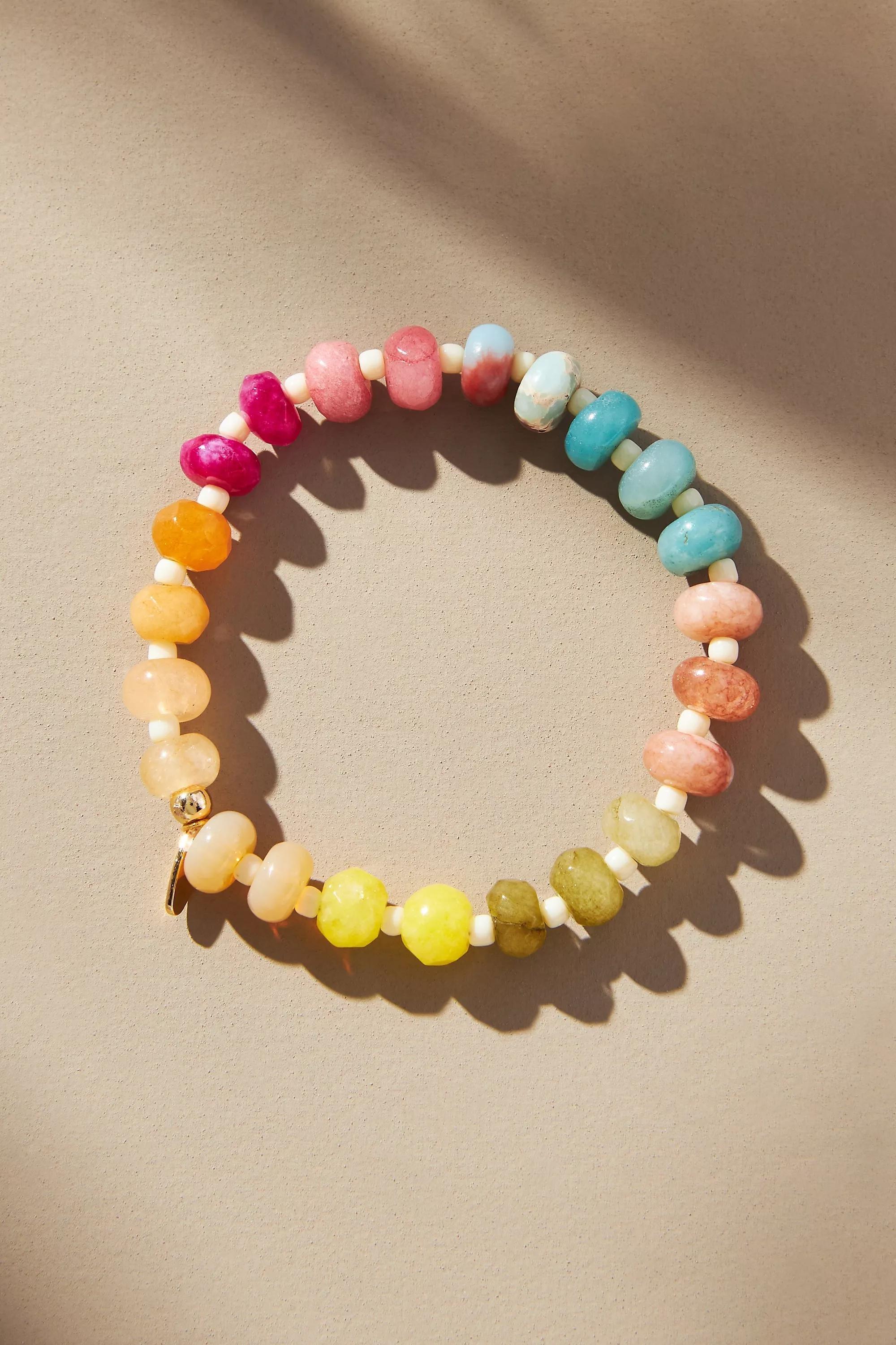 Multi-Colour Semi-Precious Beaded Stretch Bracelet, Beige, , medium