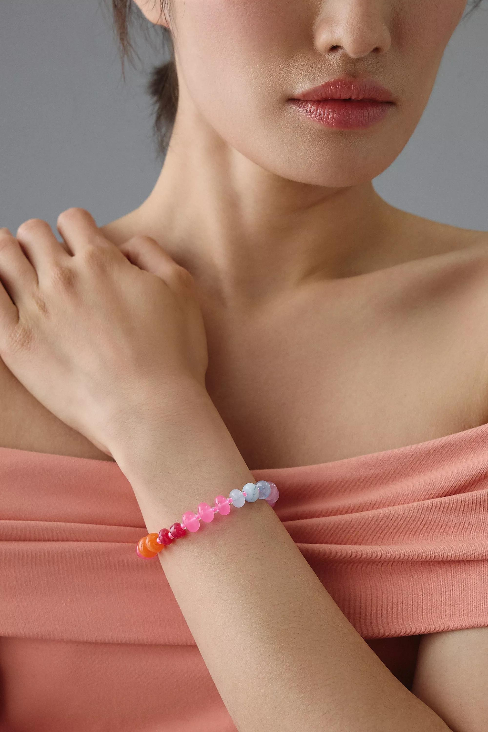 Semi-Precious Beaded Stretch Bracelet, Red, , medium