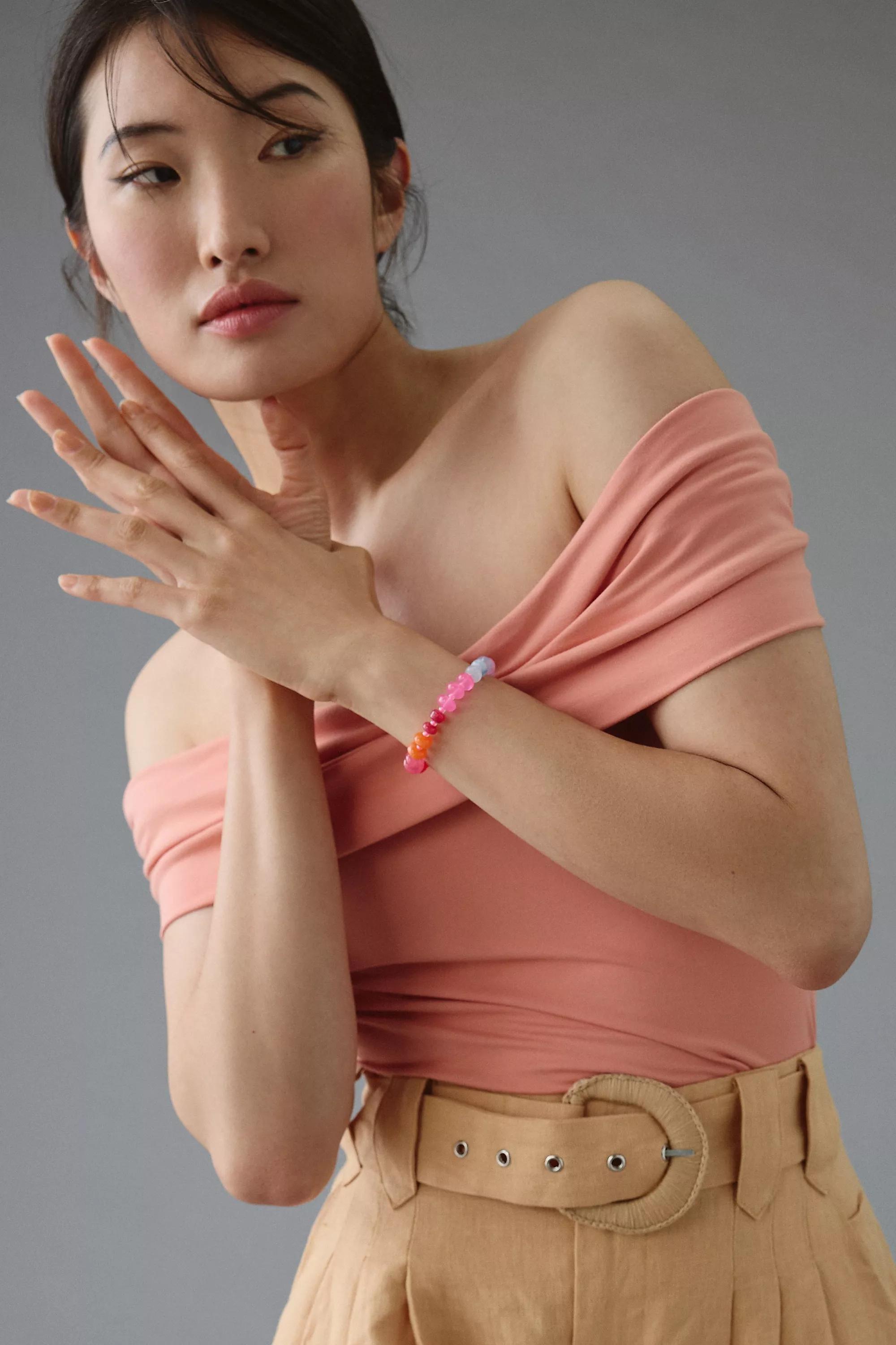 Semi-Precious Beaded Stretch Bracelet, Red, A501_0262, large image number 2