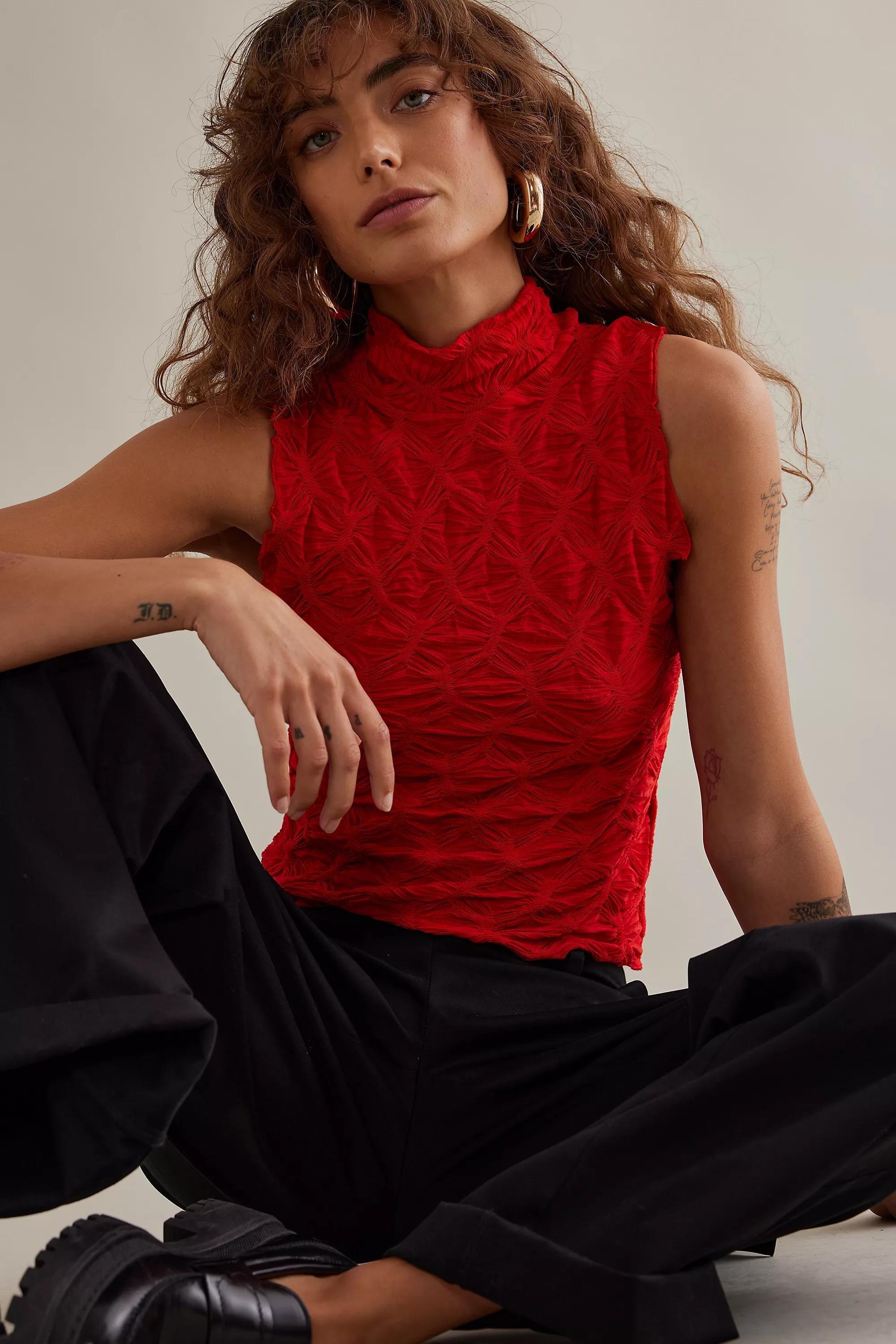 Talia Textured Mock-Neck Tank Top, Red, , large image number 1