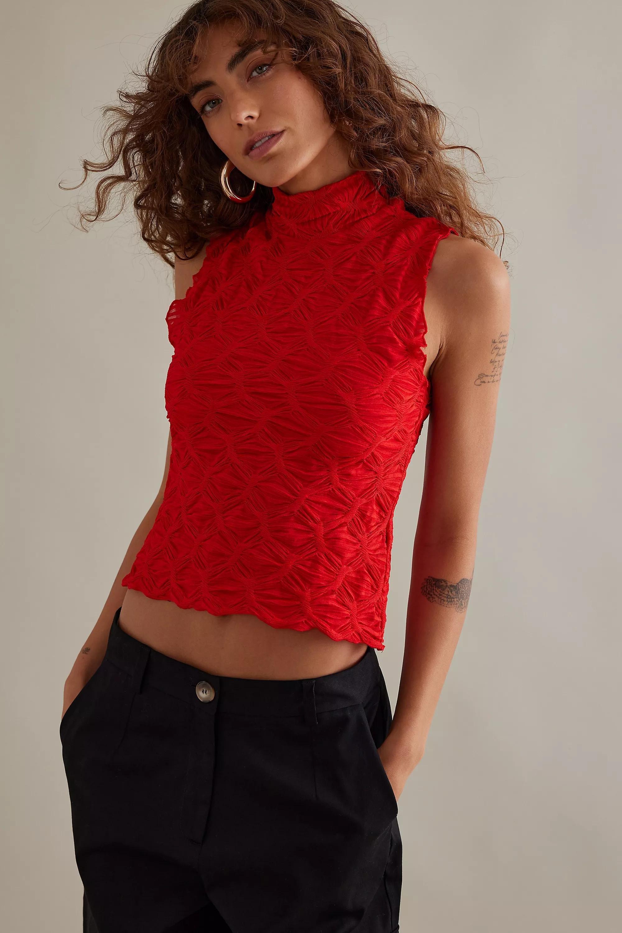 Talia Textured Mock-Neck Tank Top, Red, , large image number 3
