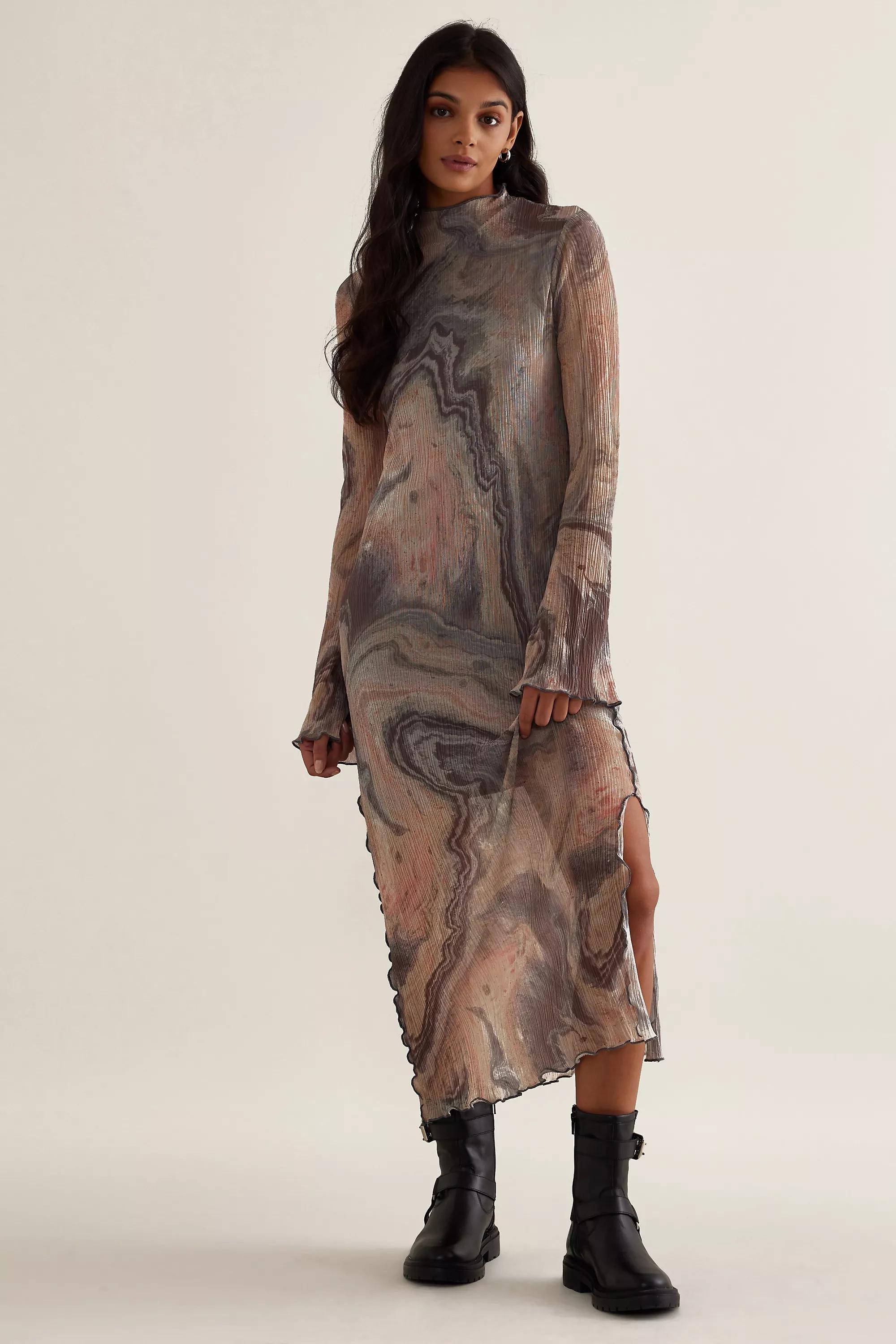 Mila Plisse Long-Sleeve Mesh Midi Dress, Multicolour, , large image number 0