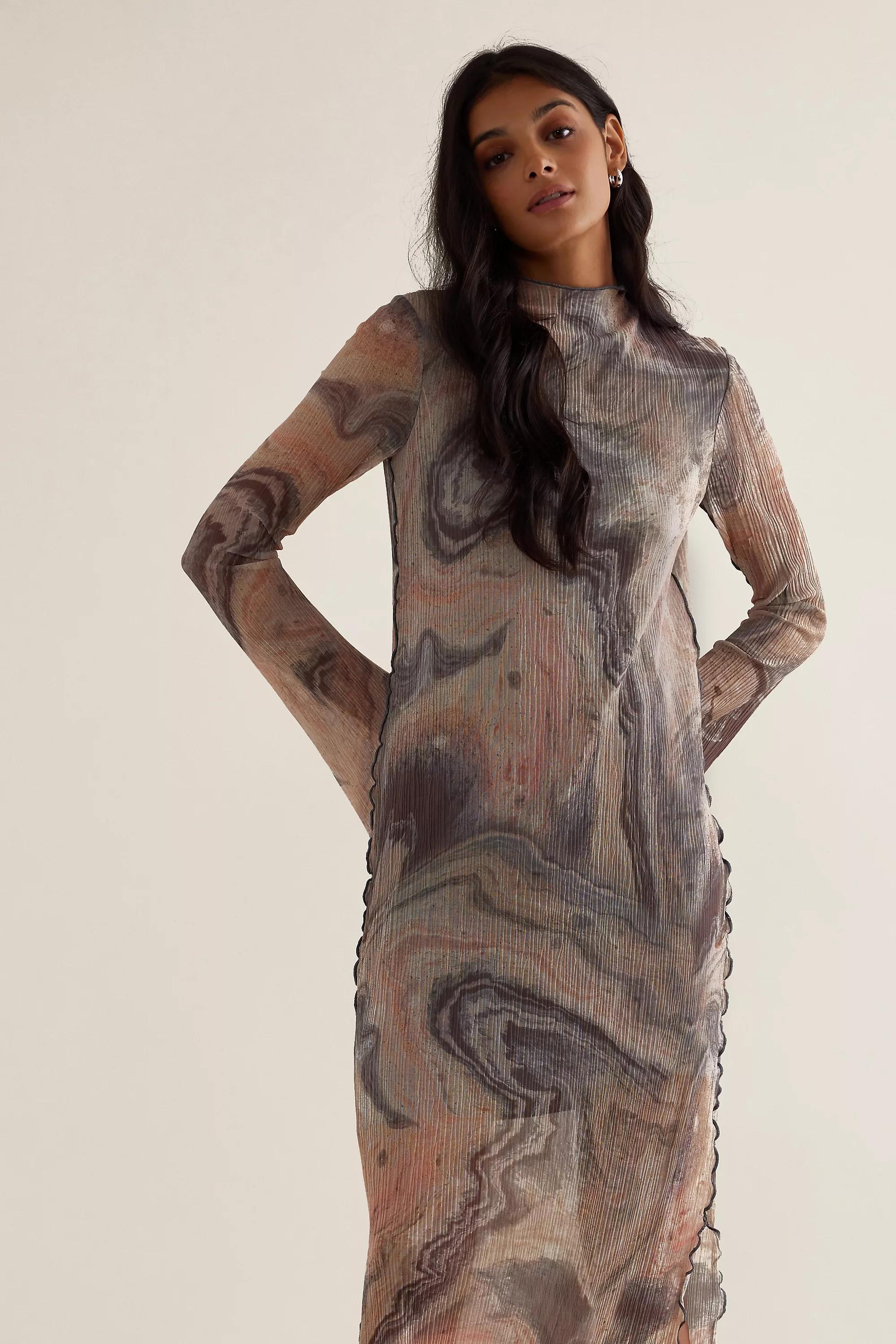 Mila Plisse Long-Sleeve Mesh Midi Dress, Multicolour, , large image number 1