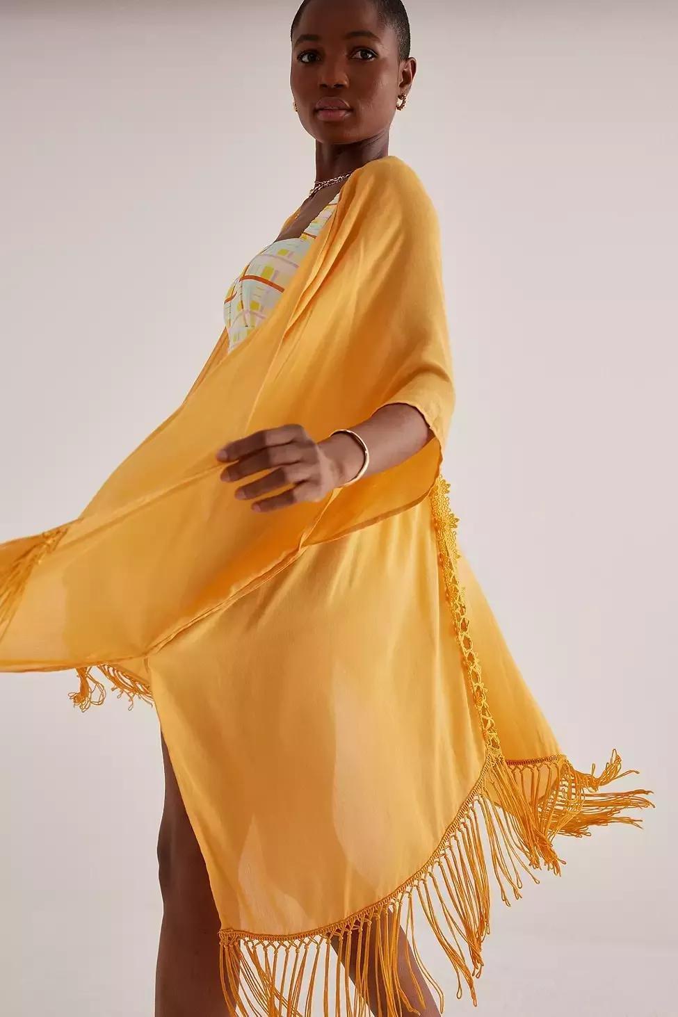 Sheer Fringed Kimono Jacket, Orange, A501_0085, large image number 2