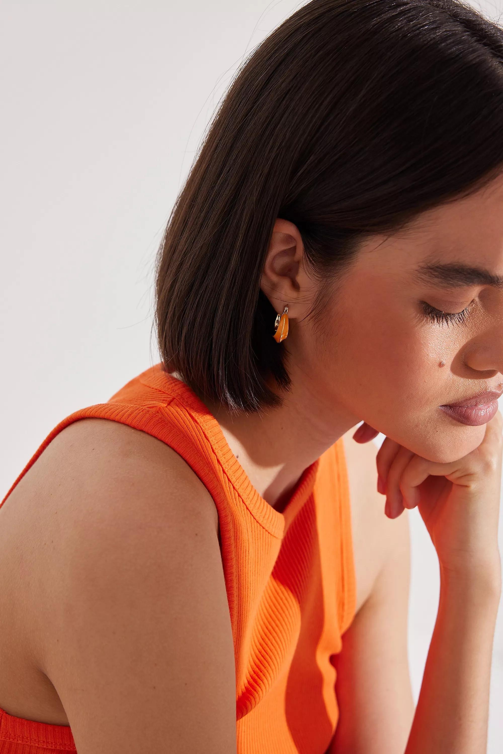 Gold-Plated Ridged Enamel Hoop Earrings, Orange, A501_0080, large image number 0