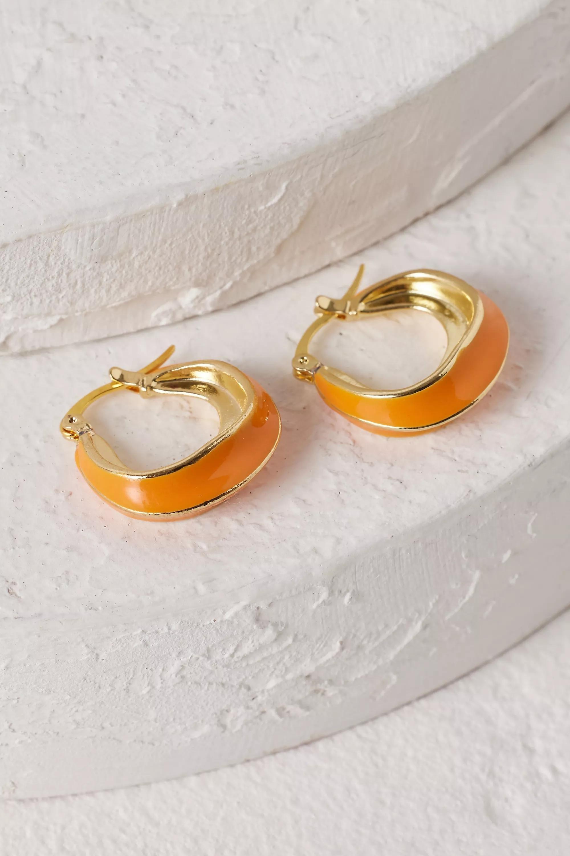 Gold-Plated Ridged Enamel Hoop Earrings, Orange, A501_0080, large image number 1