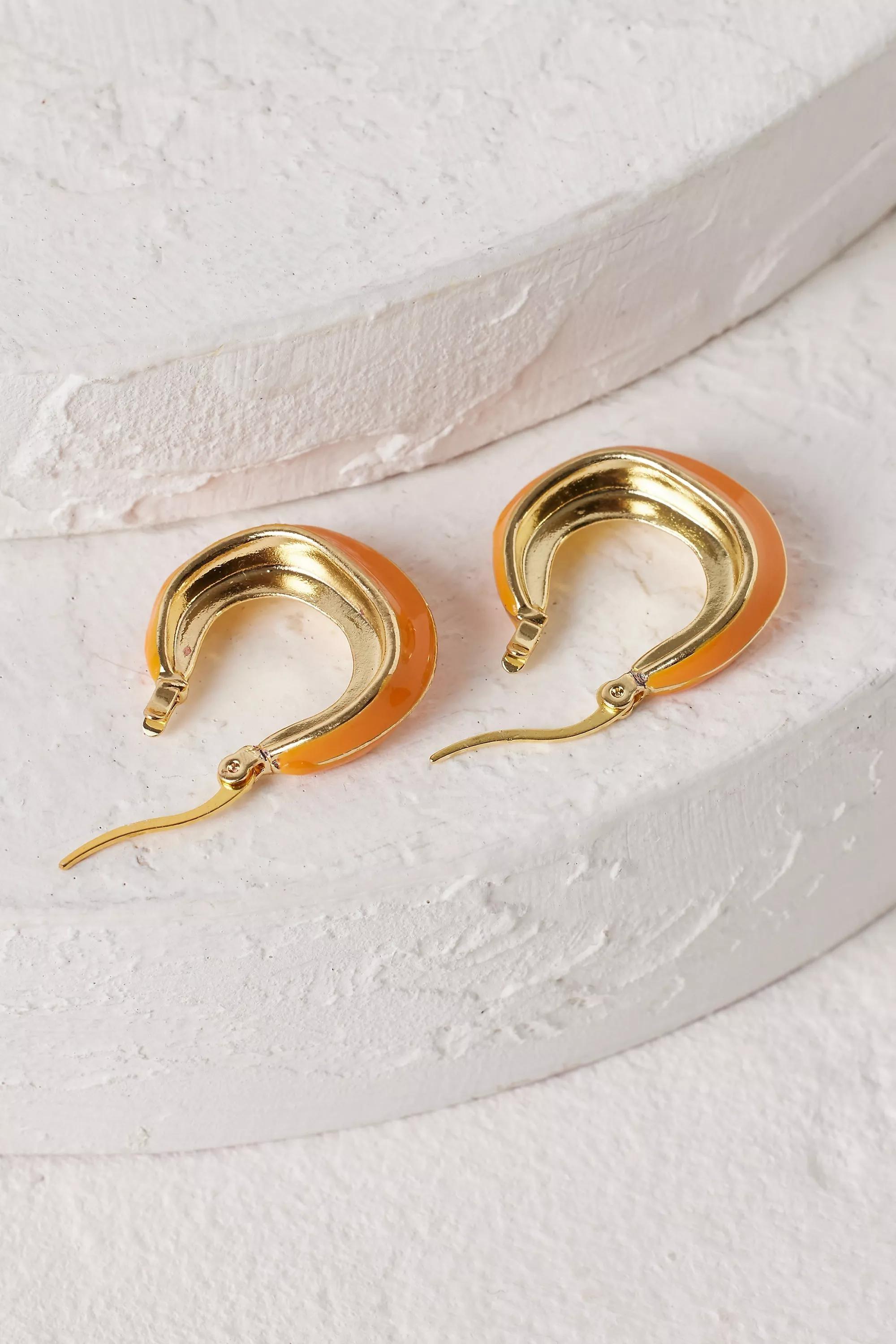 Gold-Plated Ridged Enamel Hoop Earrings, Orange, A501_0080, large image number 2