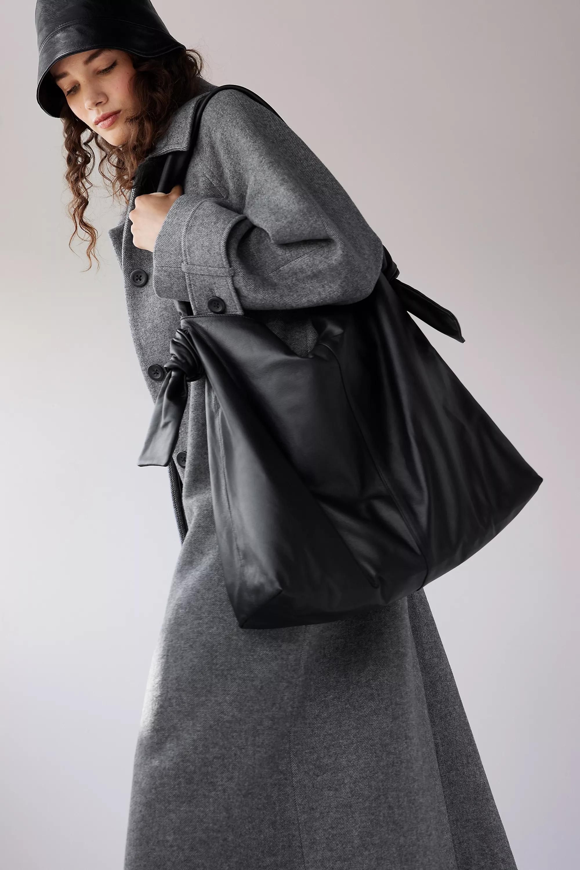 Knotted Leather Slouchy Tote Bag, Black, A501_0001, large image number 0
