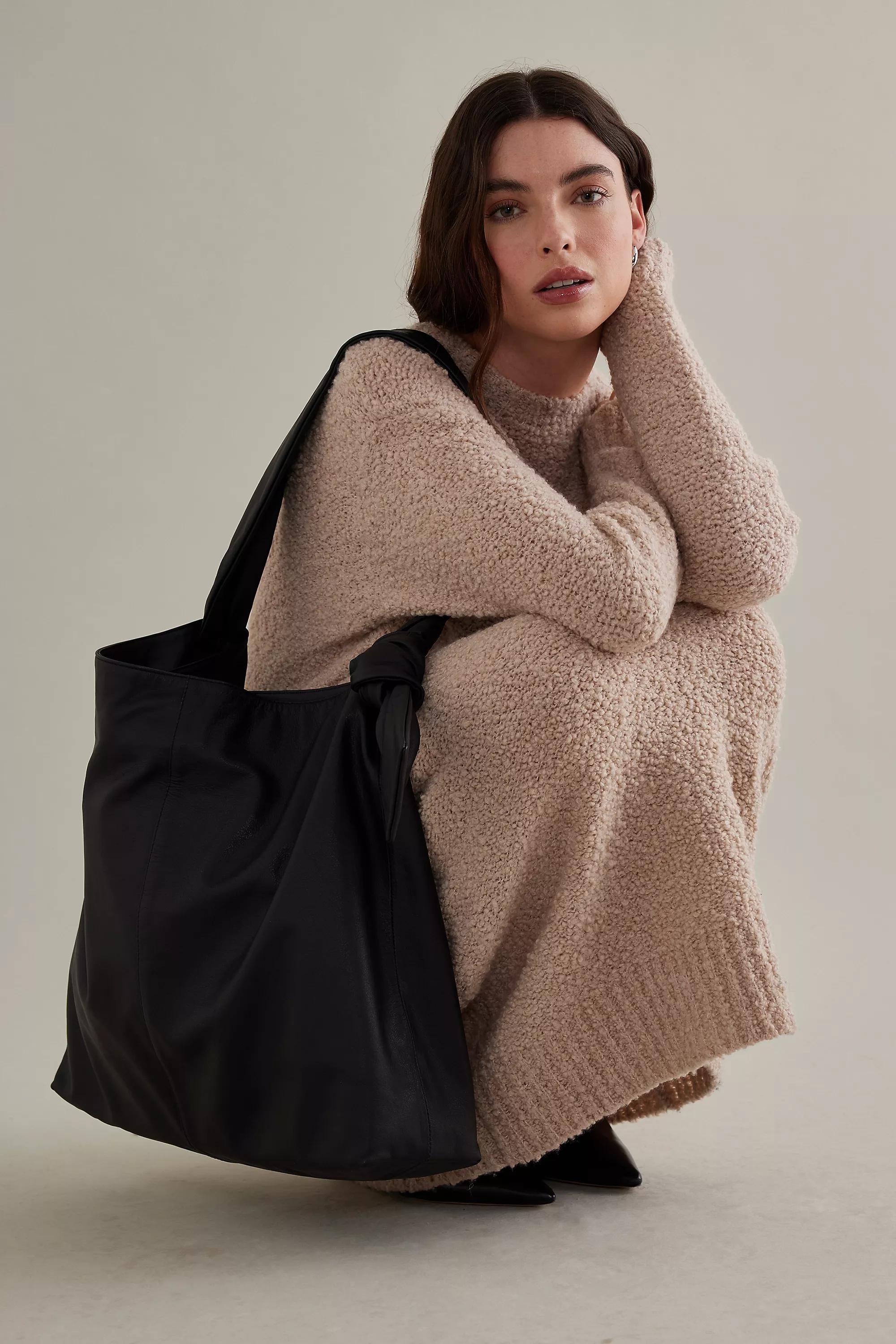 Knotted Leather Slouchy Tote Bag, Black, A501_0001, large image number 1