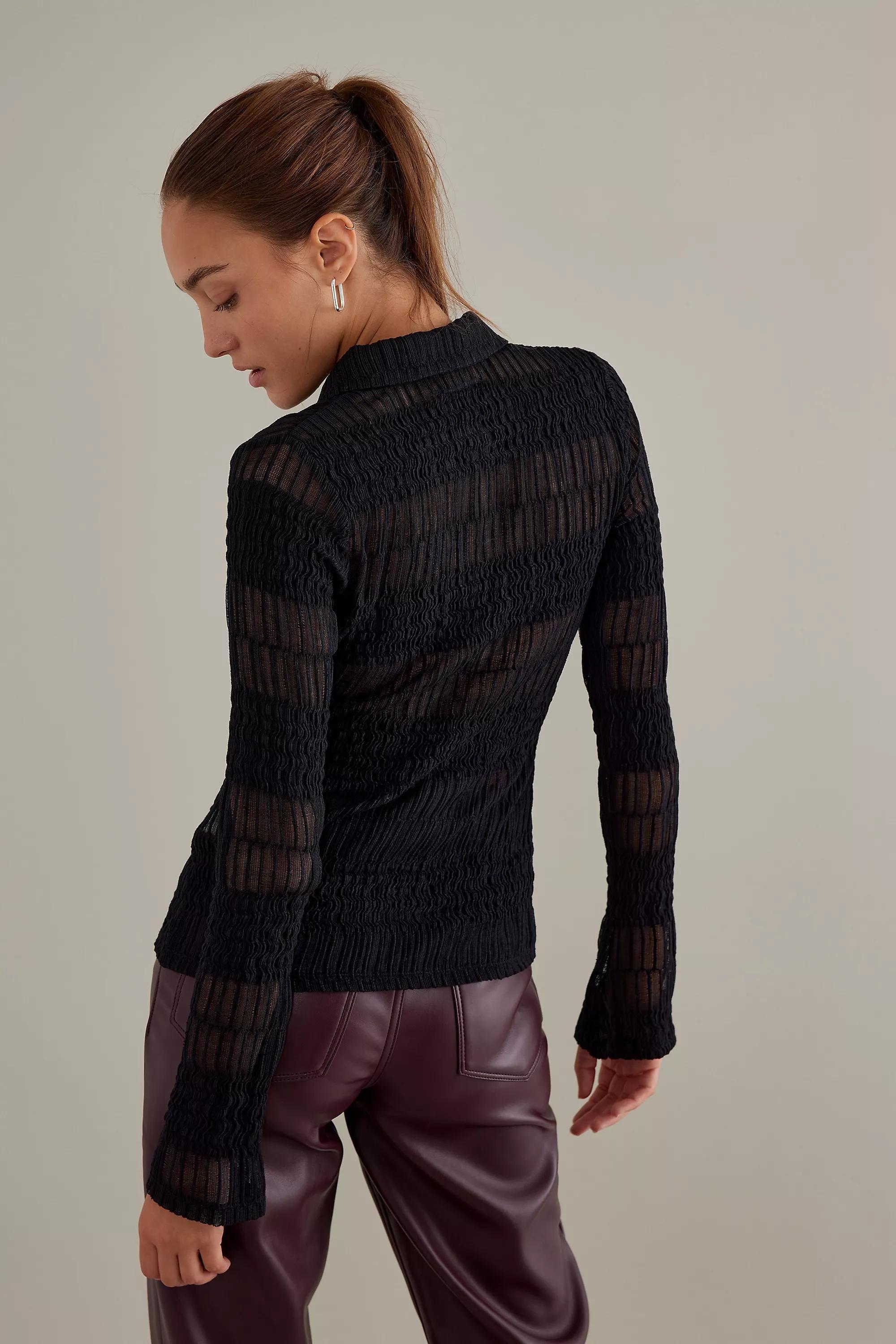 Sheer Knit Textured Shirt, Black, , large image number 2