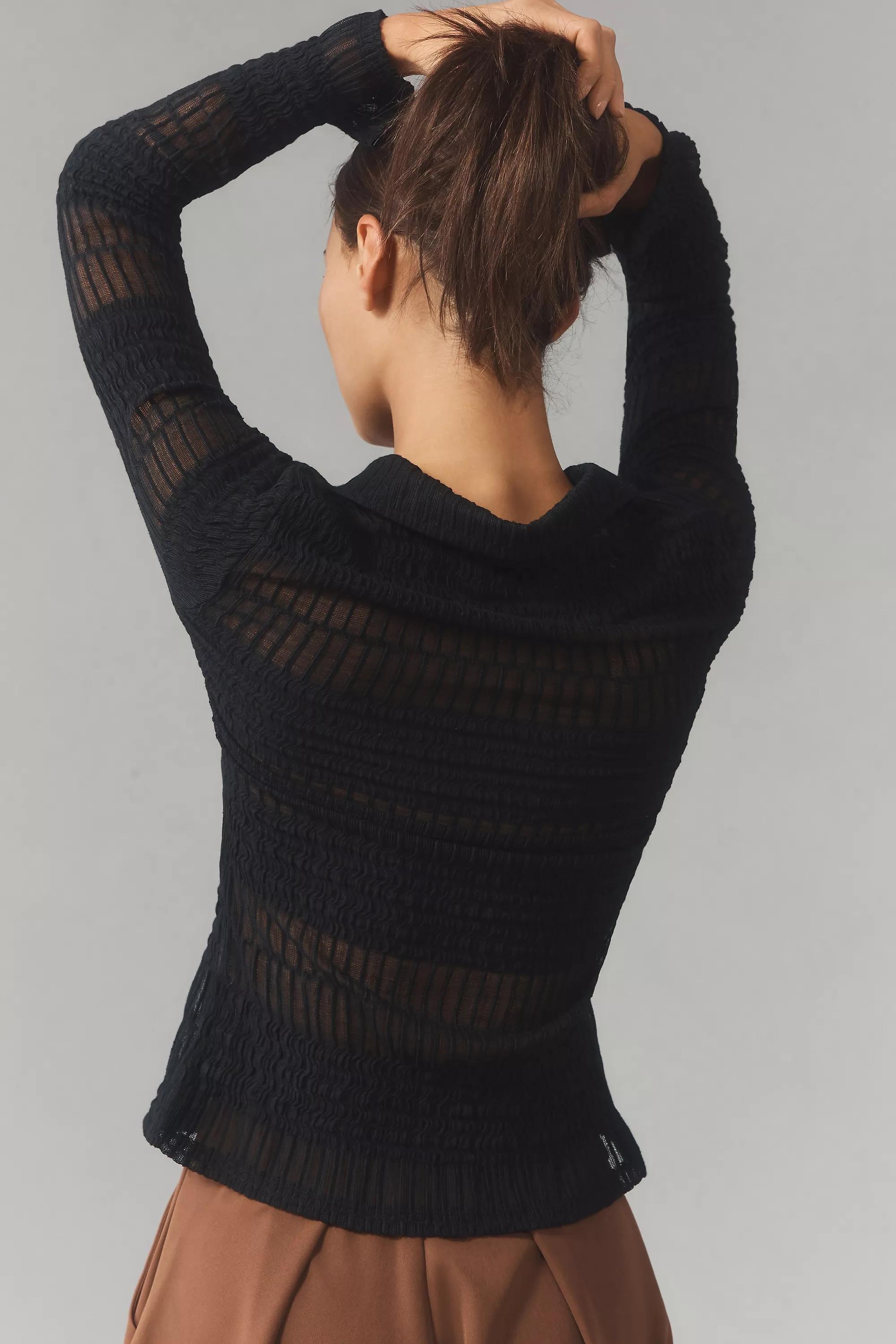 Sheer Knit Textured Shirt, Black, , large image number 3