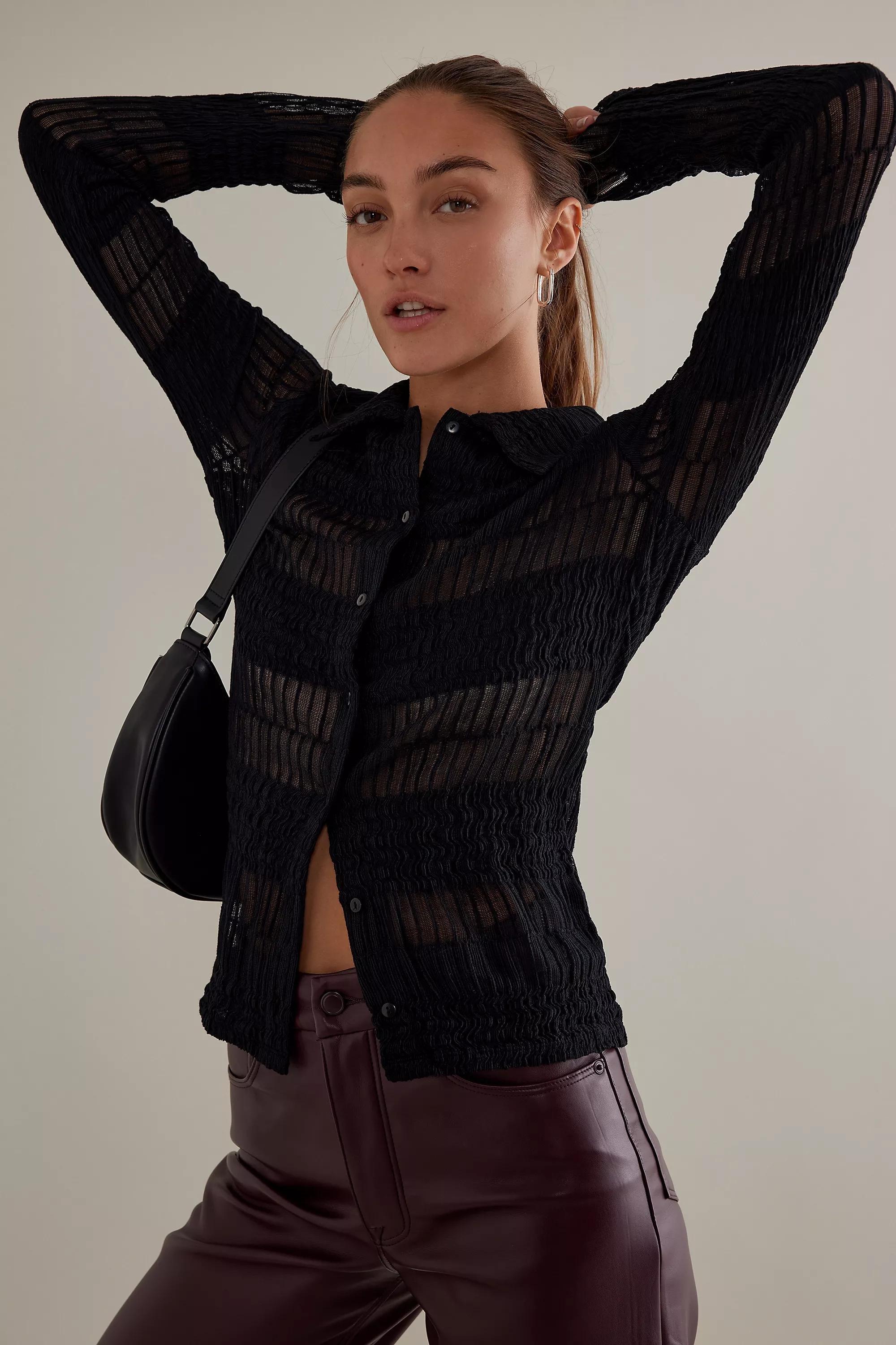 Sheer Knit Textured Shirt, Black, , large image number 4