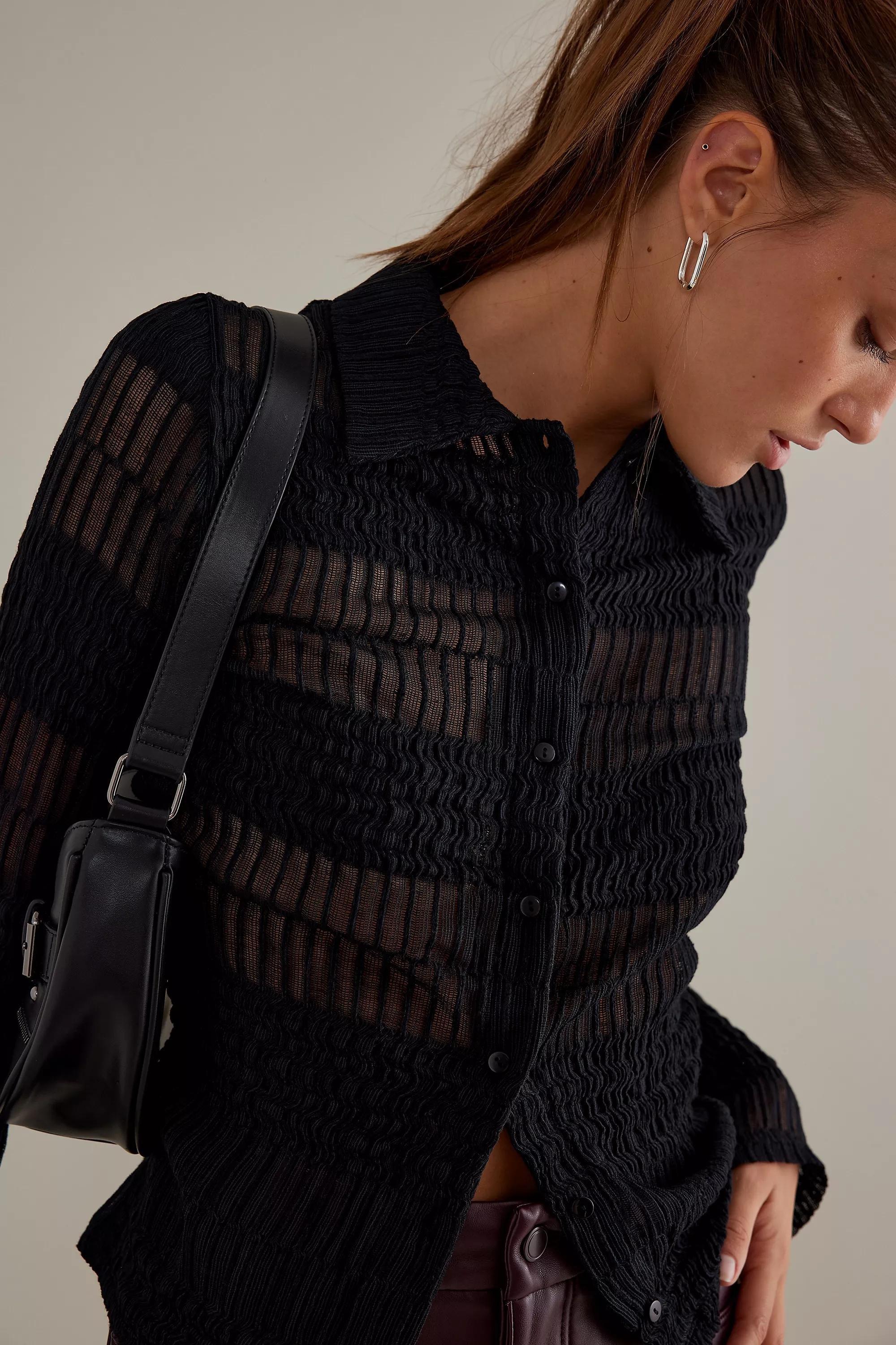 Sheer Knit Textured Shirt, Black, , large image number 6