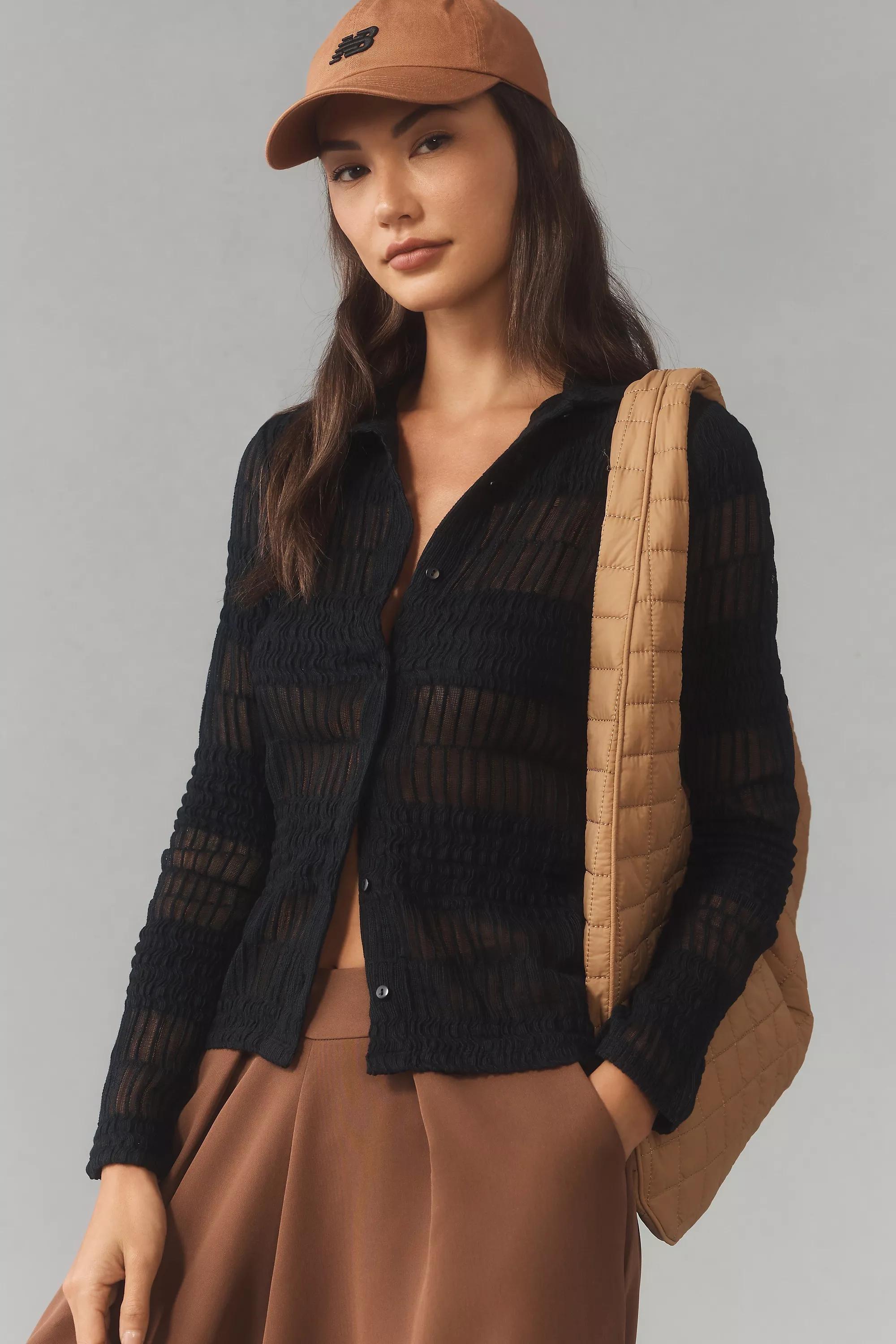Sheer Knit Textured Shirt, Black, , large image number 7