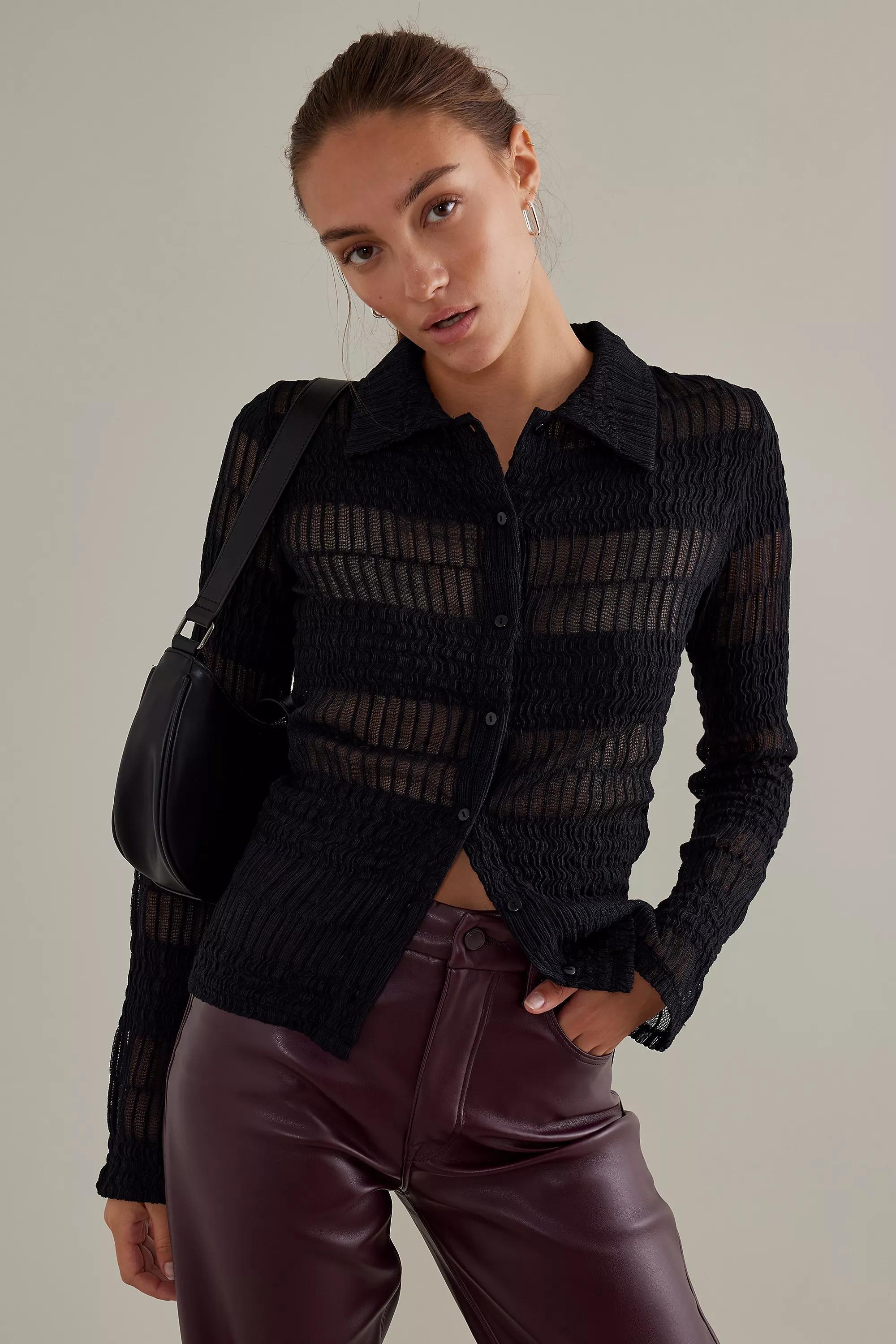 Sheer Knit Textured Shirt, Black, , large image number 10