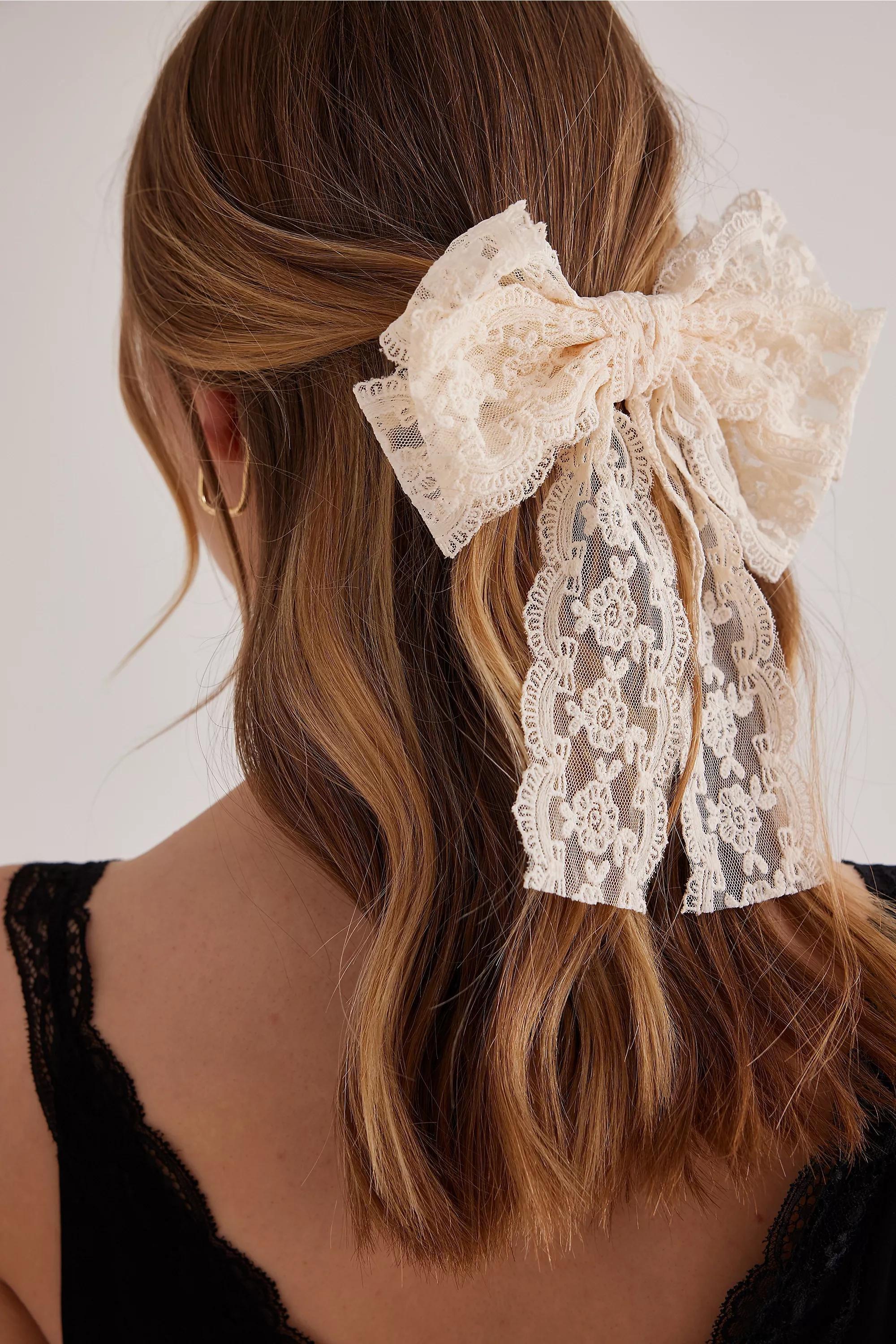 Lace Bow Barrette, White, A501_0010, large image number 0