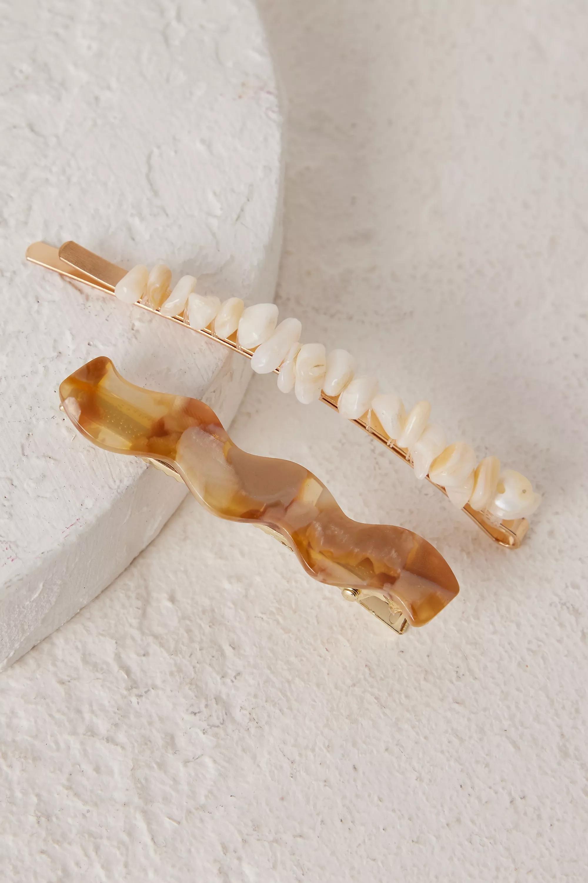 Swirl Stone Hair Slides, Set of 2, Beige, , large image number 0