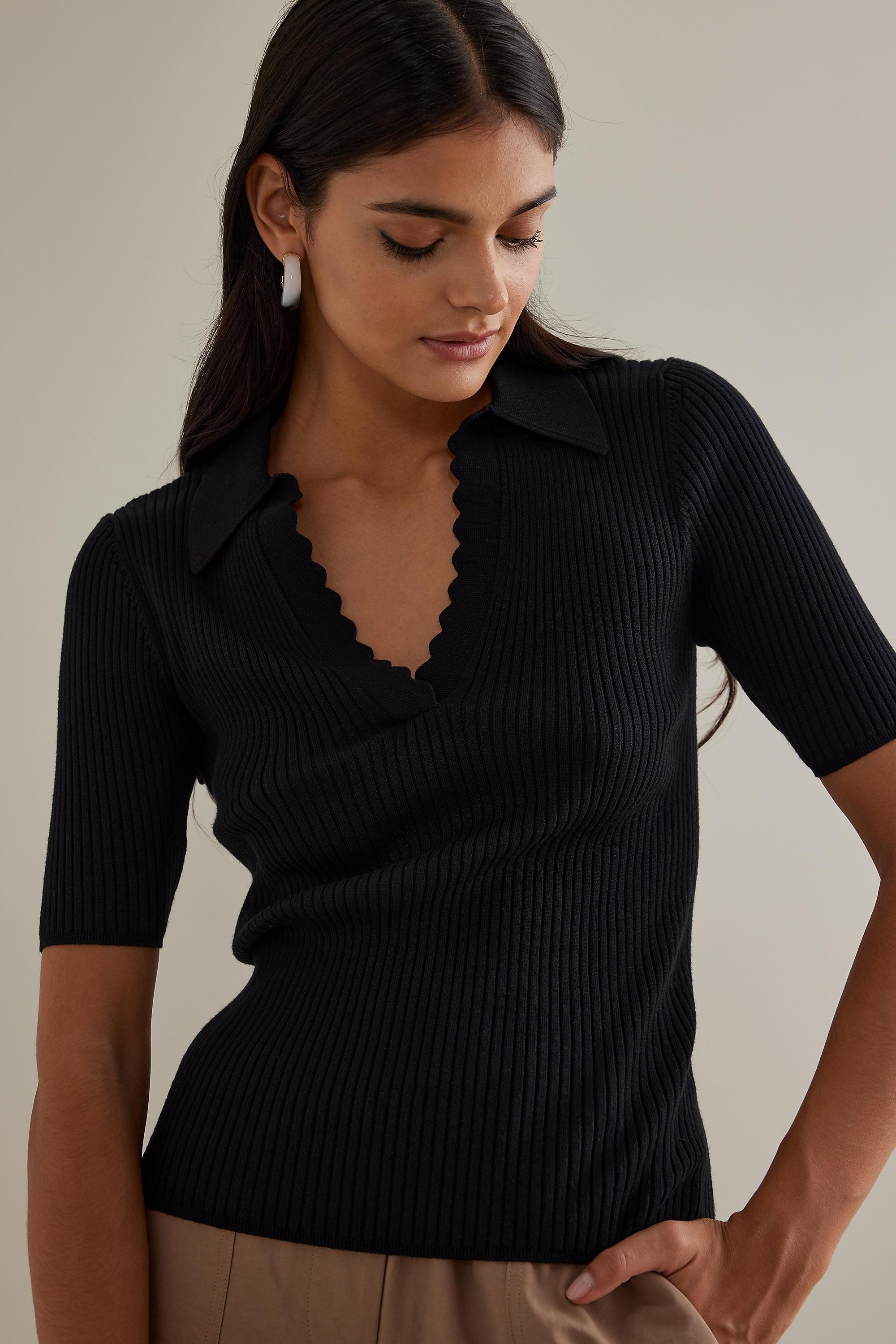 Sheena Scalloped Knit Polo Shirt, Black, A501_0001, large image number 3