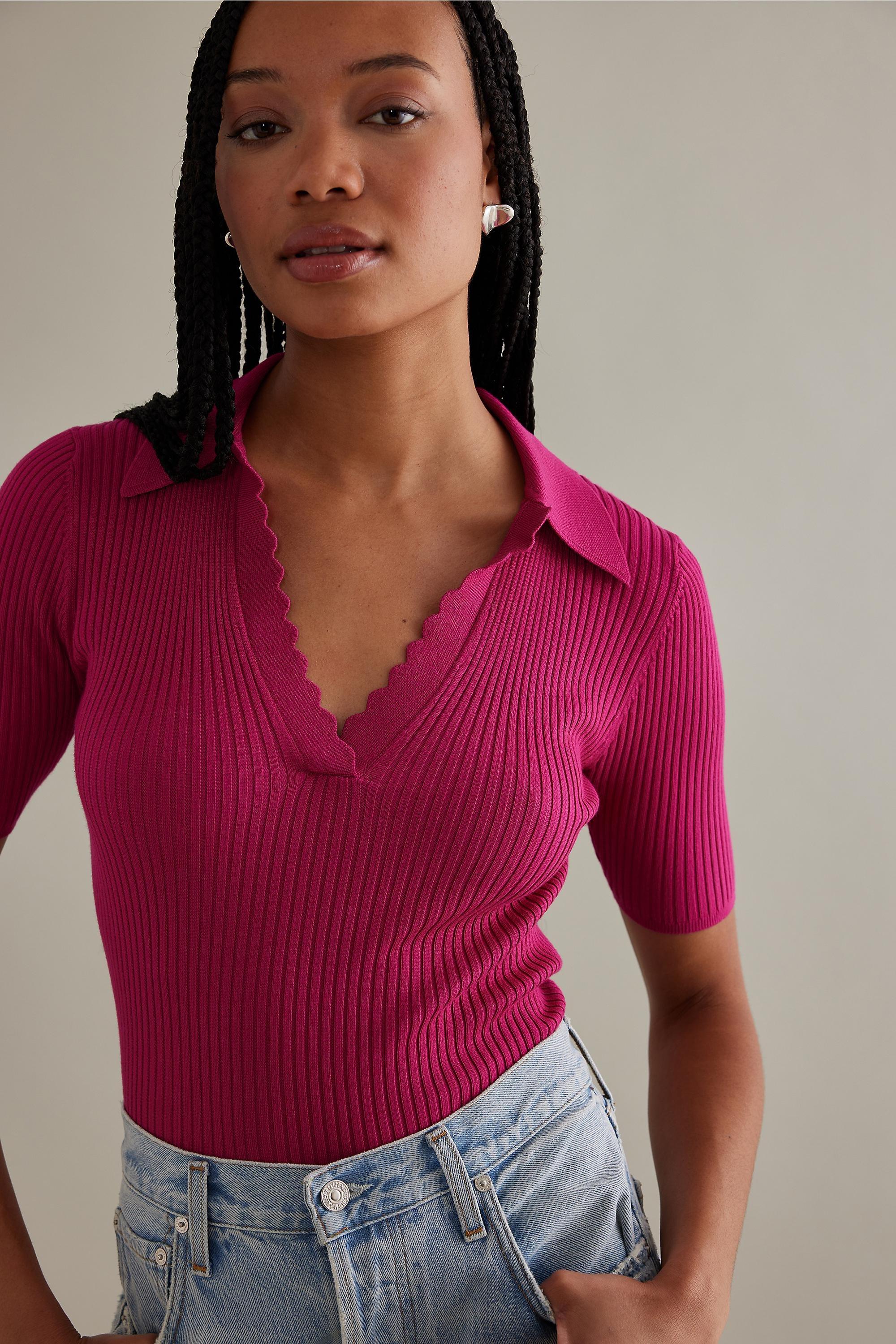 Sheena Scalloped Knit Polo Shirt, Pink, , large image number 0