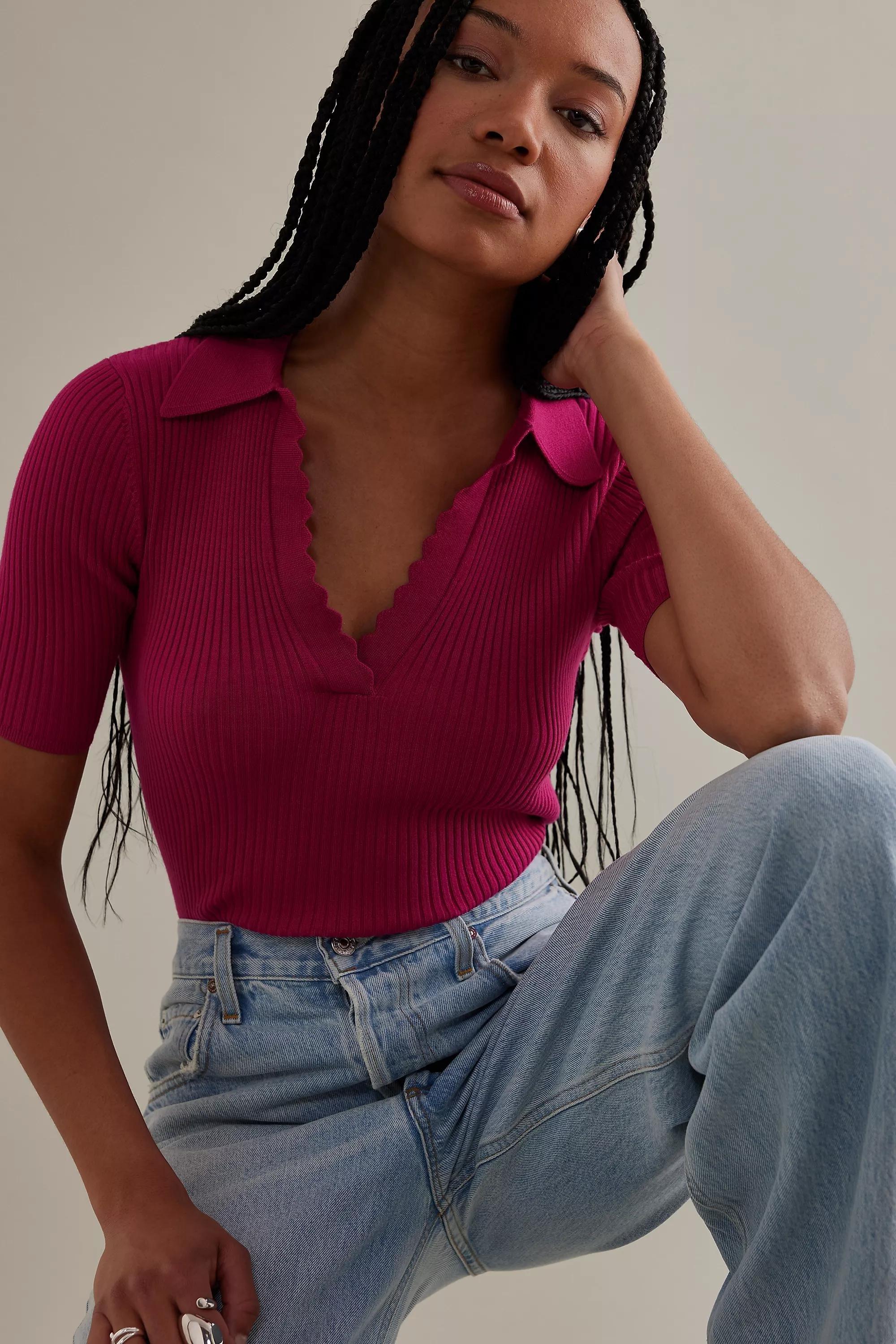 Sheena Scalloped Knit Polo Shirt, Pink, , large image number 1