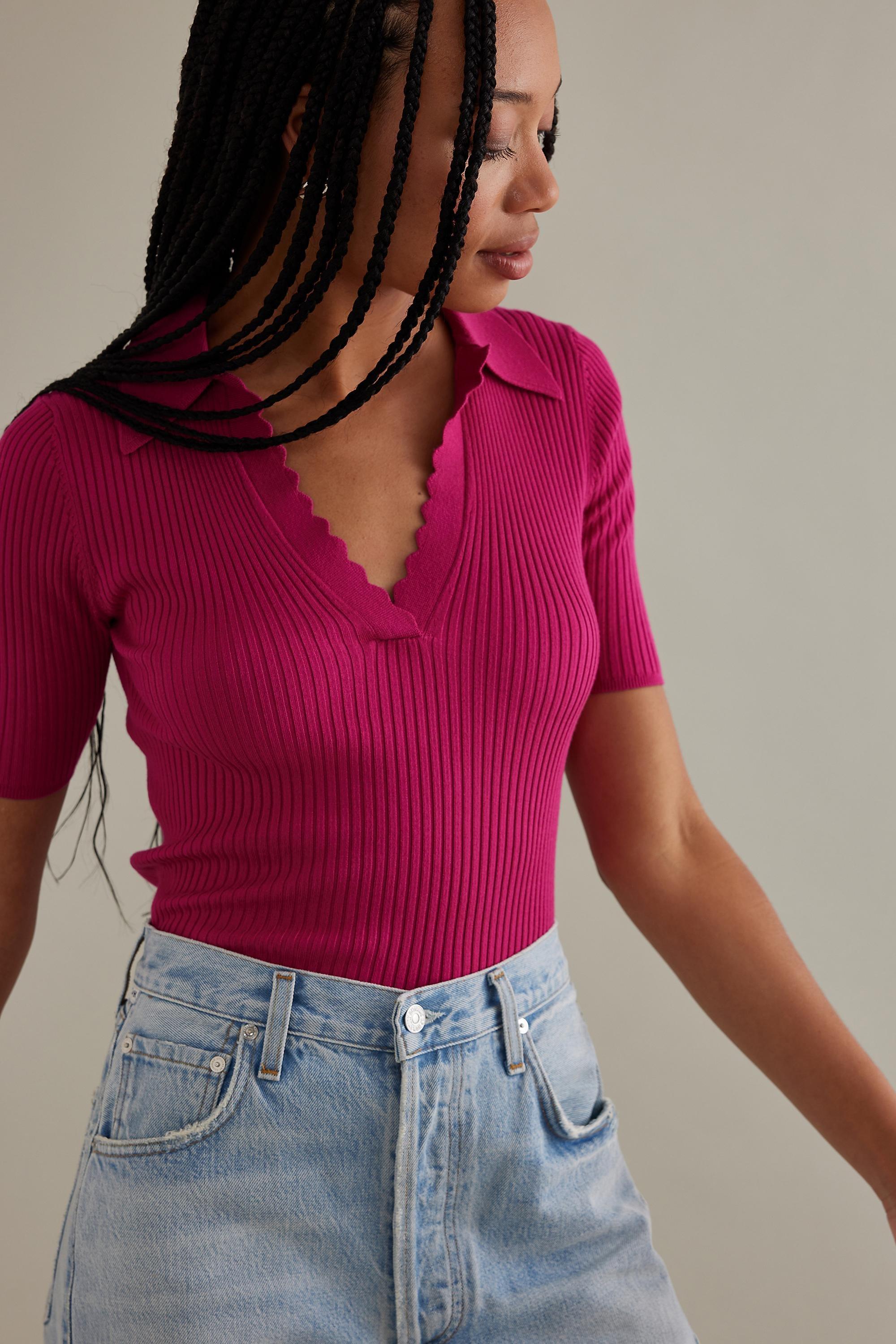 Sheena Scalloped Knit Polo Shirt, Pink, , large image number 3