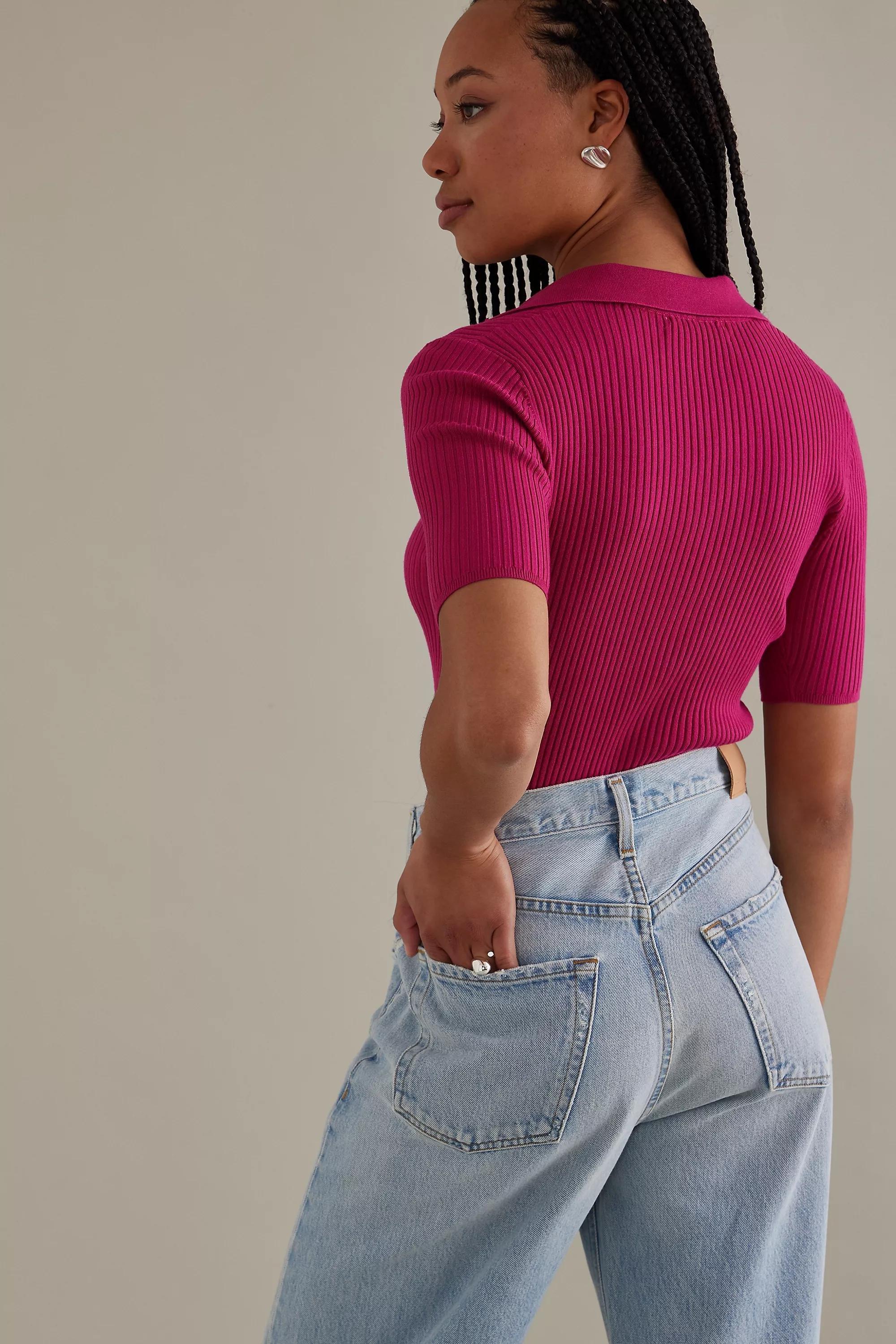 Sheena Scalloped Knit Polo Shirt, Pink, , large image number 5