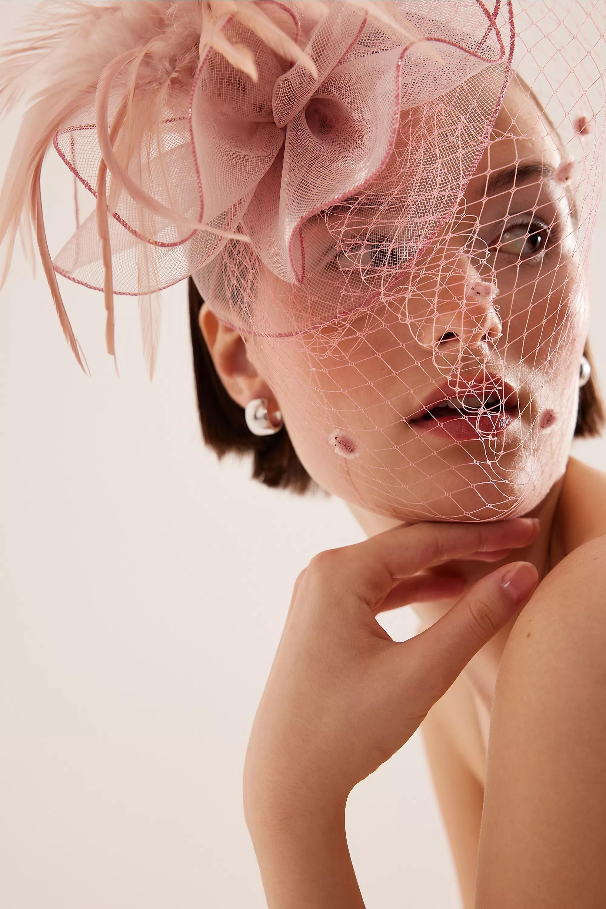 Feather Mesh Fascinator Hair Clip, Pink , , large image number 0