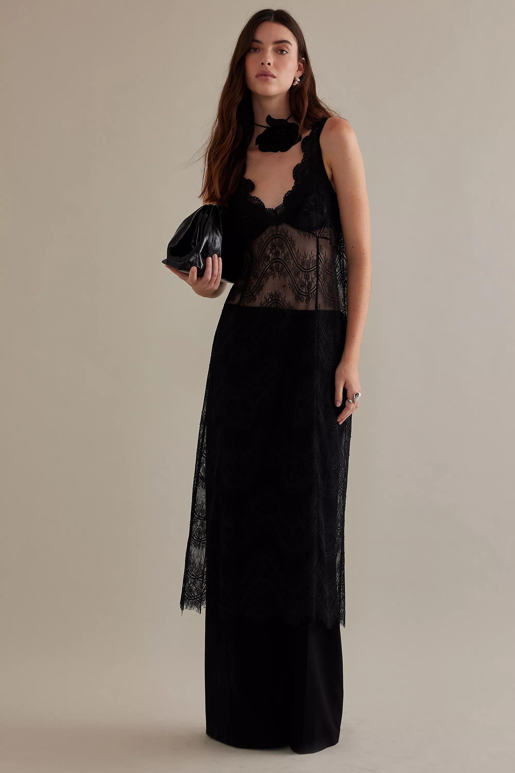 Scalloped Lace Tie-Back Layer Midi Slip Dress, Black, A501_0001, large image number 0