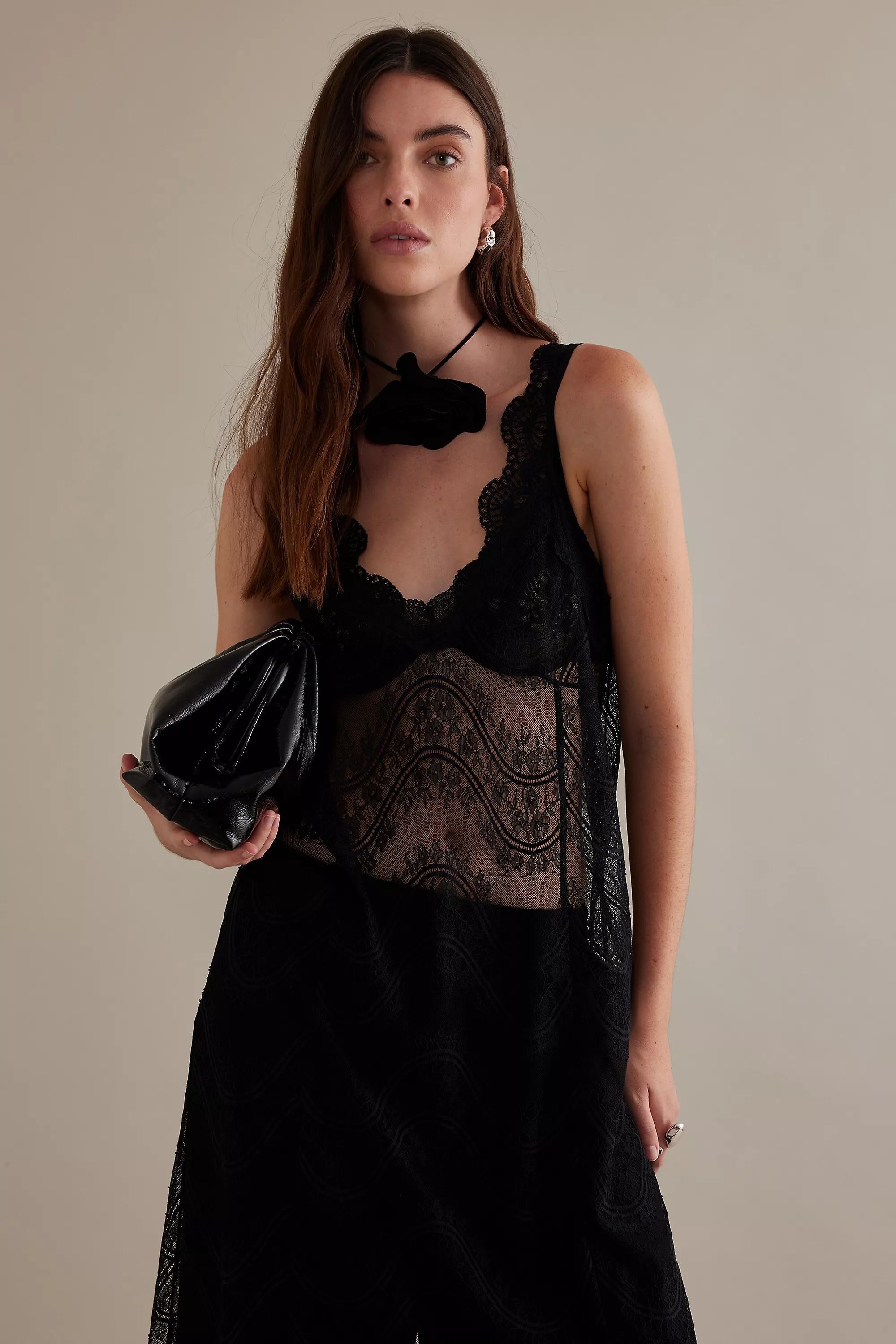 Scalloped Lace Tie-Back Layer Midi Slip Dress, Black, A501_0001, large image number 1