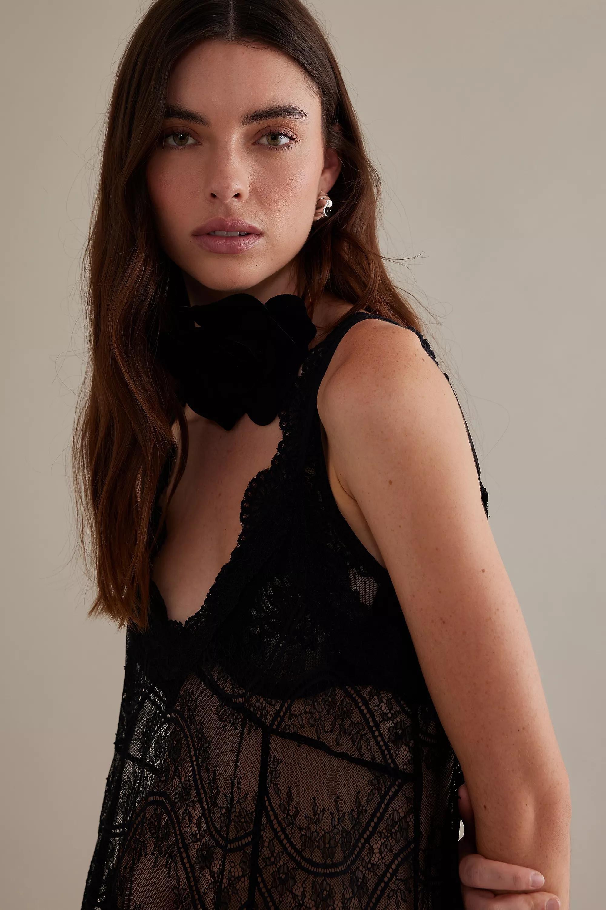 Scalloped Lace Tie-Back Layer Midi Slip Dress, Black, A501_0001, large image number 2