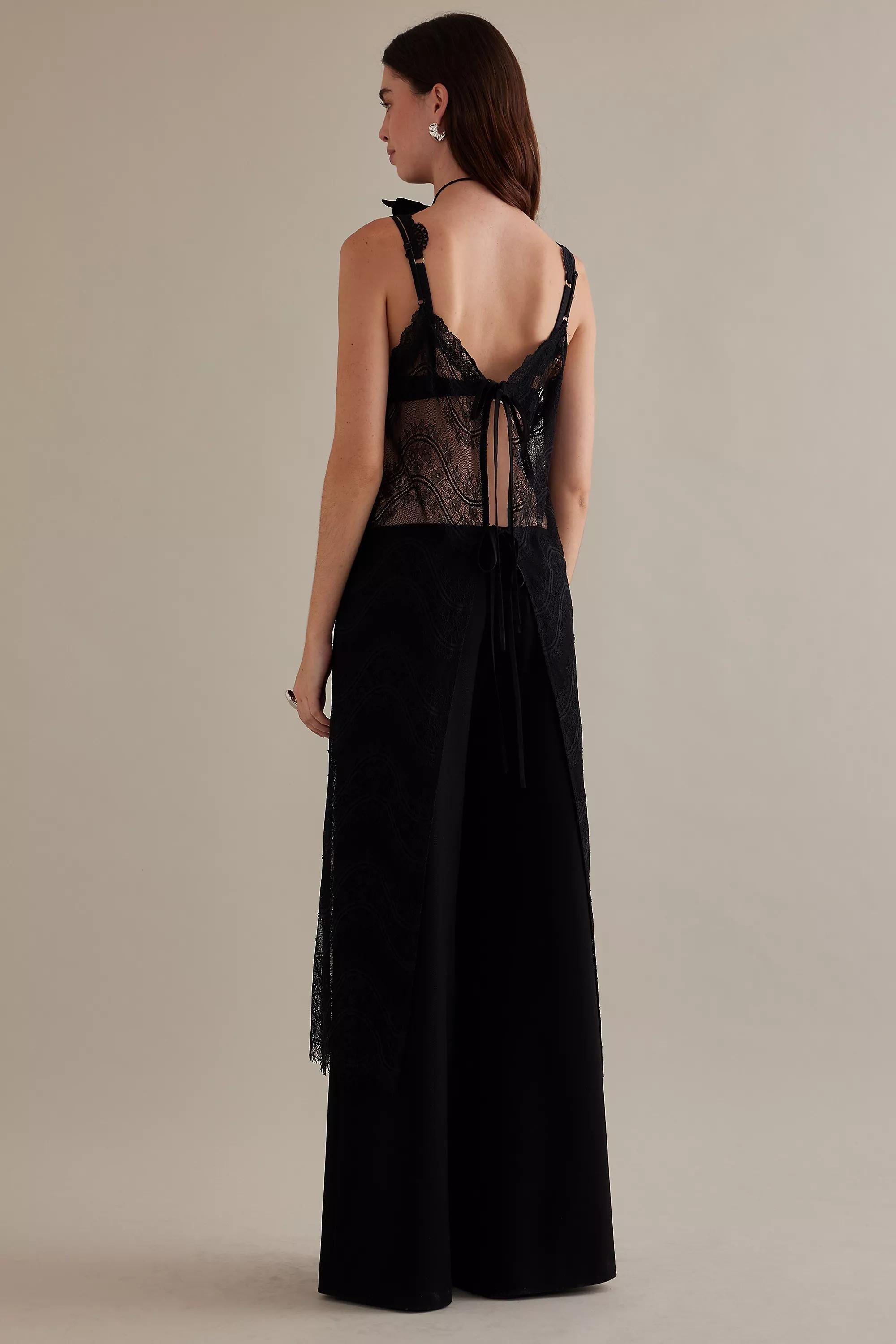 Scalloped Lace Tie-Back Layer Midi Slip Dress, Black, A501_0001, large image number 3