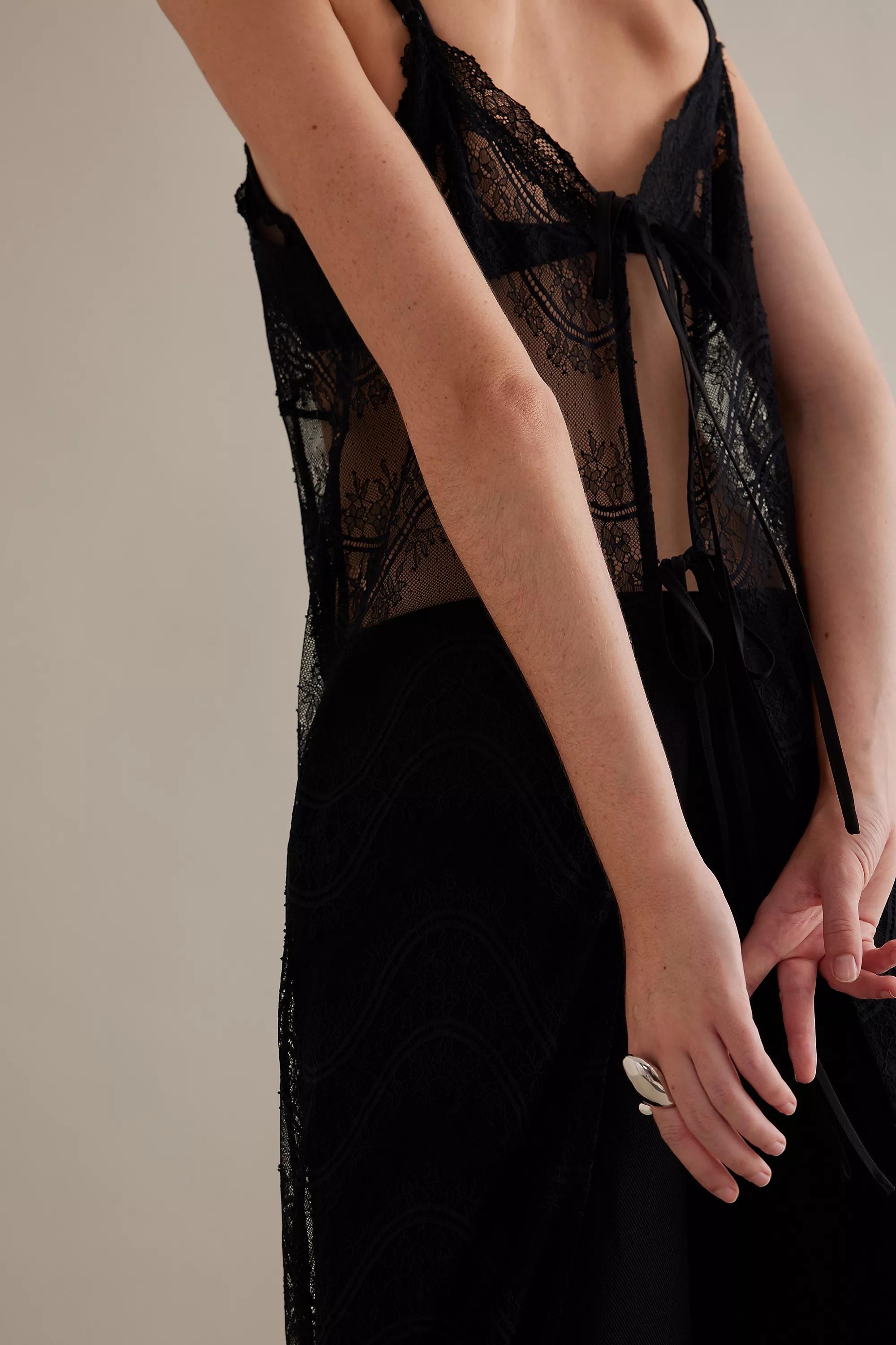 Scalloped Lace Tie-Back Layer Midi Slip Dress, Black, A501_0001, large image number 4