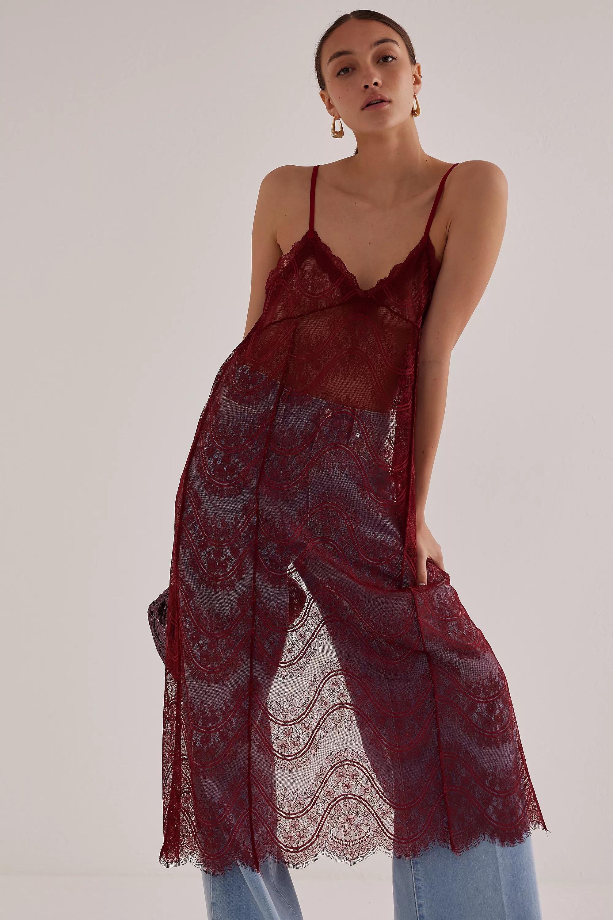 Scalloped Lace Tie-Back Layer Midi Slip Dress, Wine, A501_0061, large image number 0