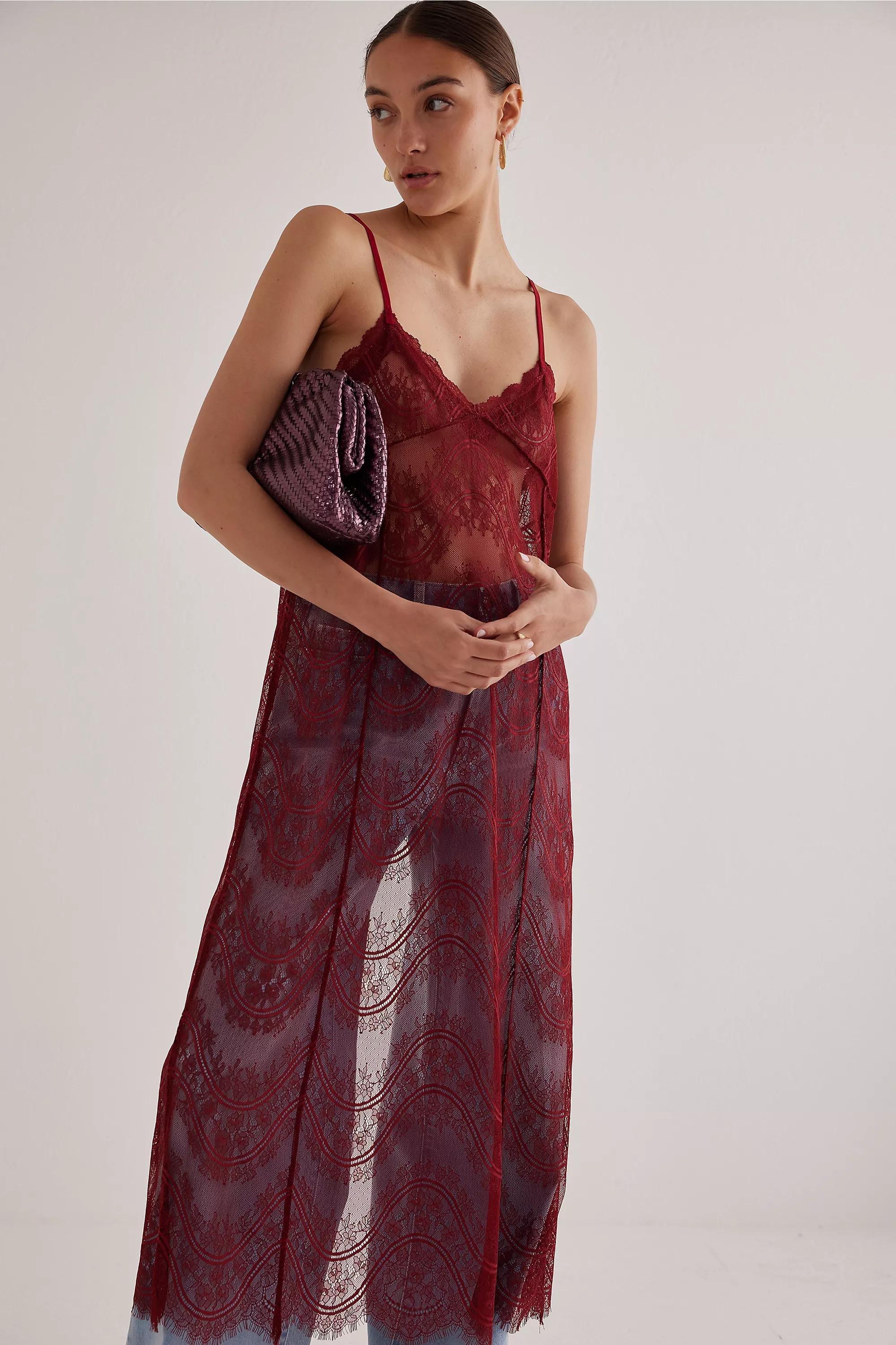 Scalloped Lace Tie-Back Layer Midi Slip Dress, Wine, A501_0061, large image number 1