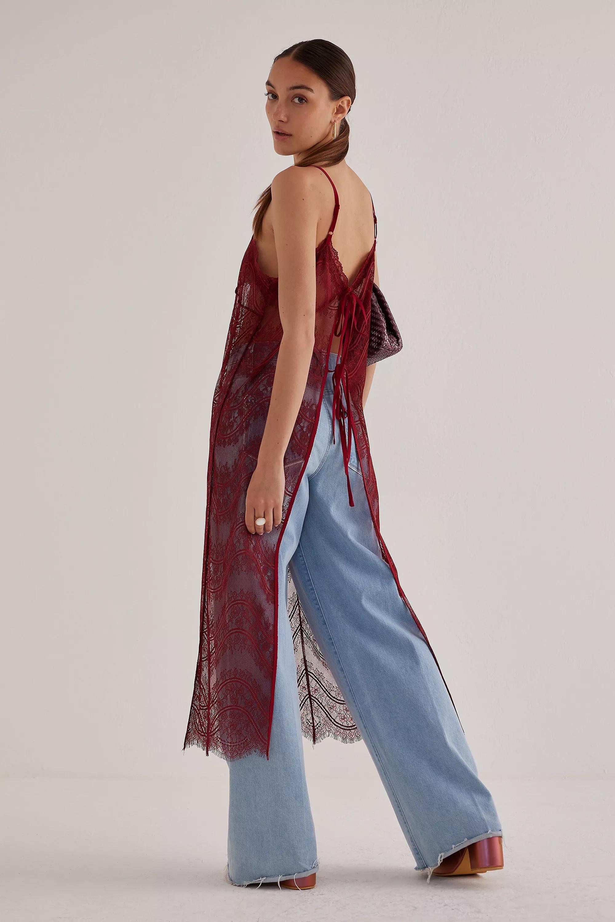 Scalloped Lace Tie-Back Layer Midi Slip Dress, Wine, A501_0061, large image number 2