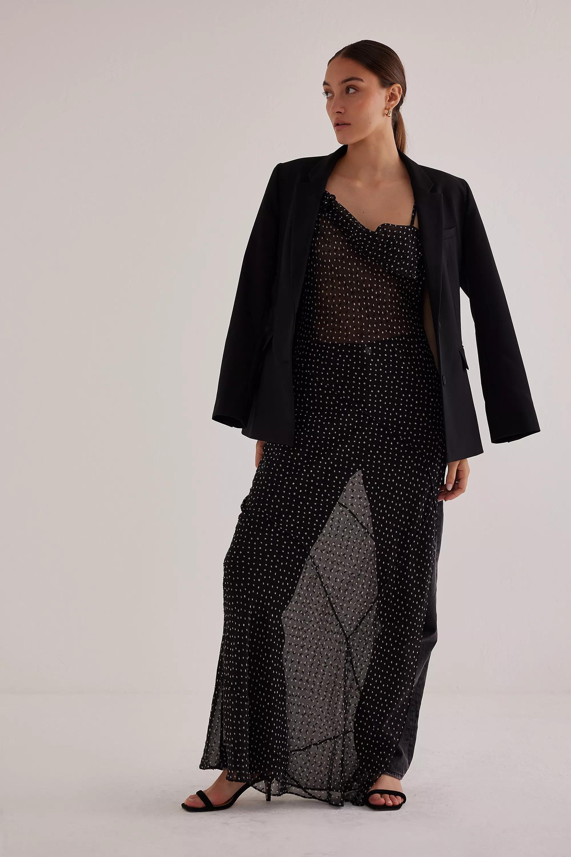 Sheer Polka Dot Ruffle Layer Maxi Slip Dress, Black, , large image number 1