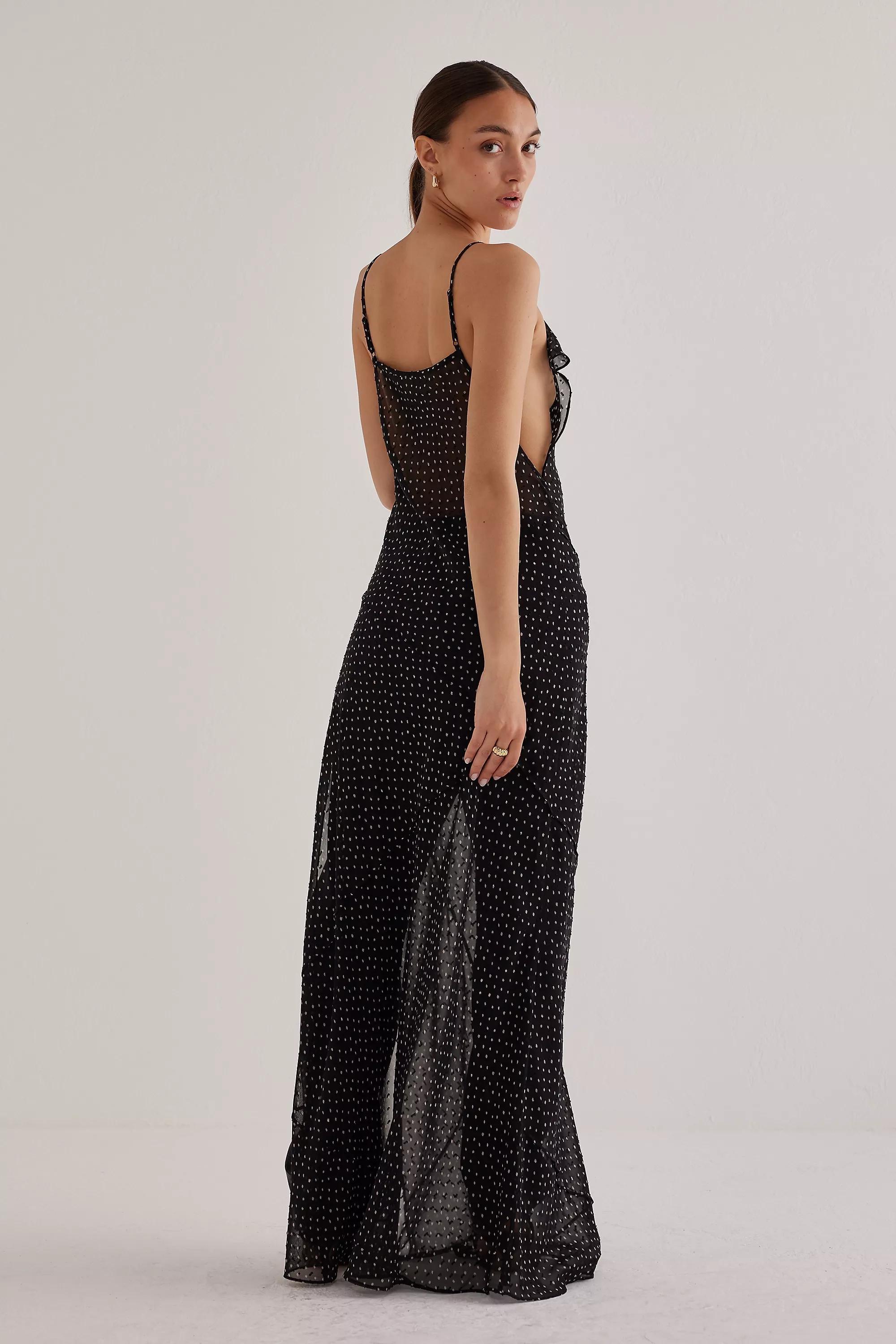 Sheer Polka Dot Ruffle Layer Maxi Slip Dress, Black, , large image number 2