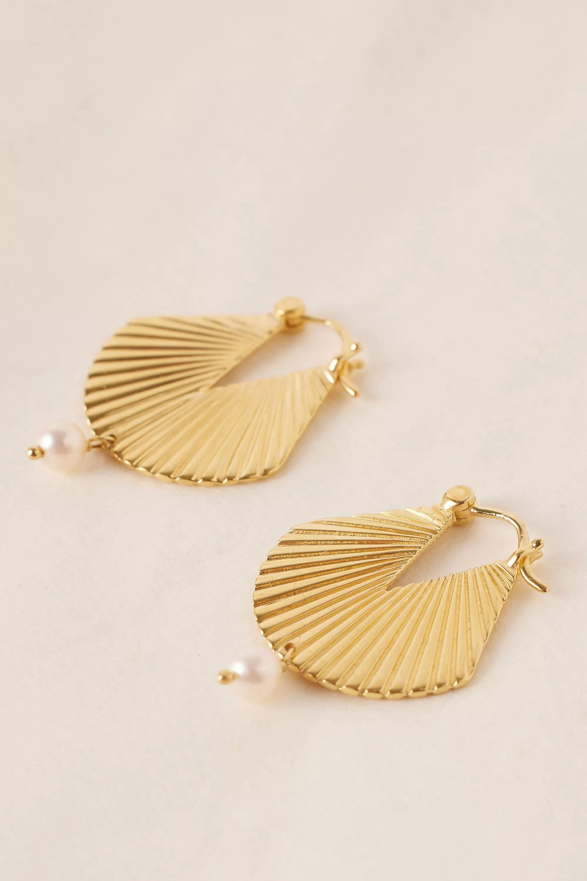 Gold-Plated Fan Pearl Drop Earrings, Gold, A501_0070, large image number 0