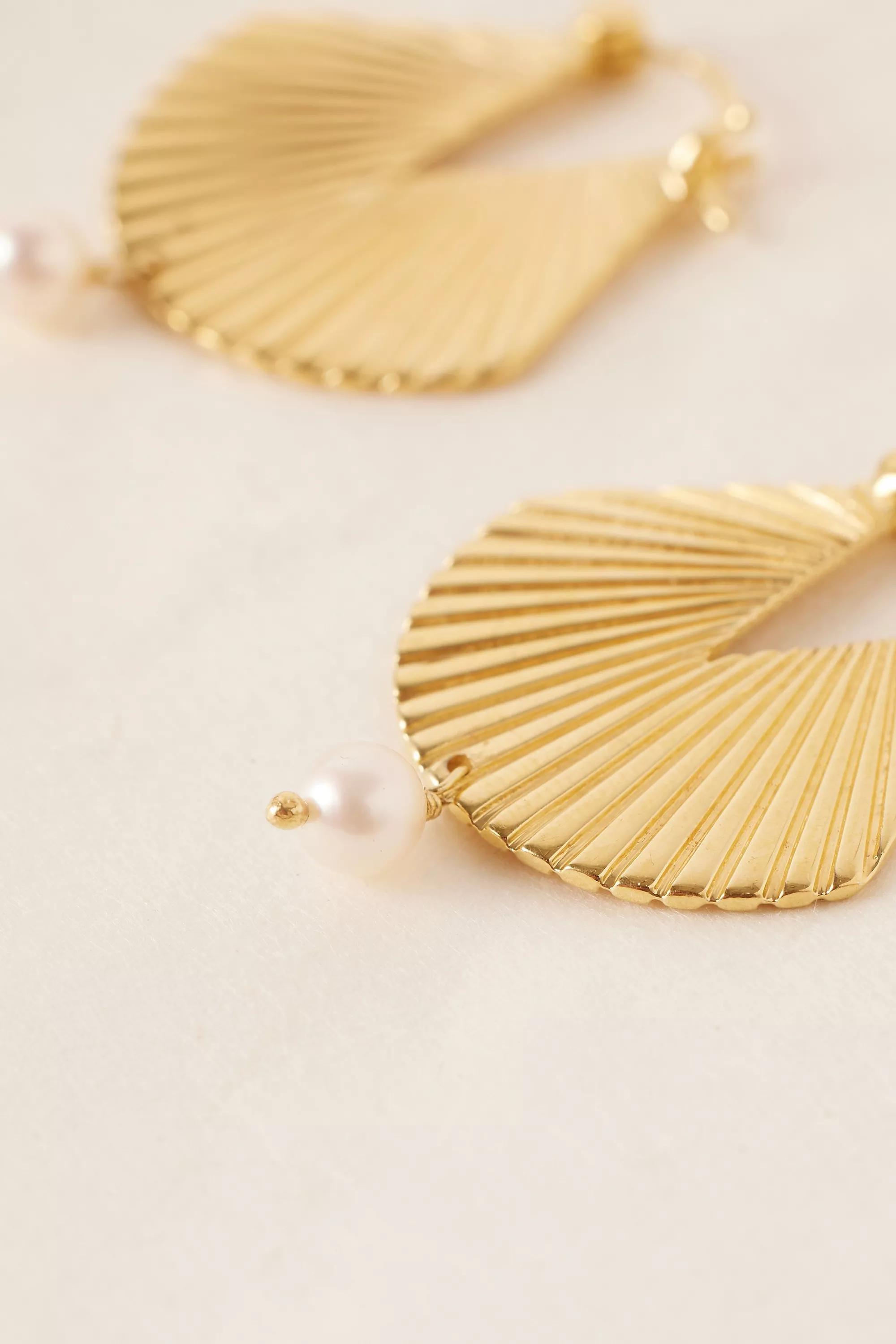 Gold-Plated Fan Pearl Drop Earrings, Gold, A501_0070, large image number 1