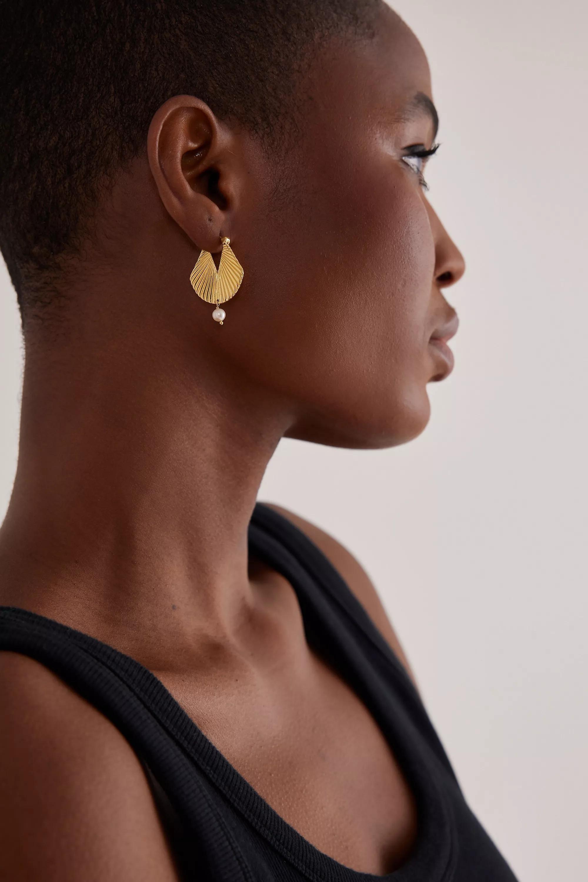 Gold-Plated Fan Pearl Drop Earrings, Gold, A501_0070, large image number 4