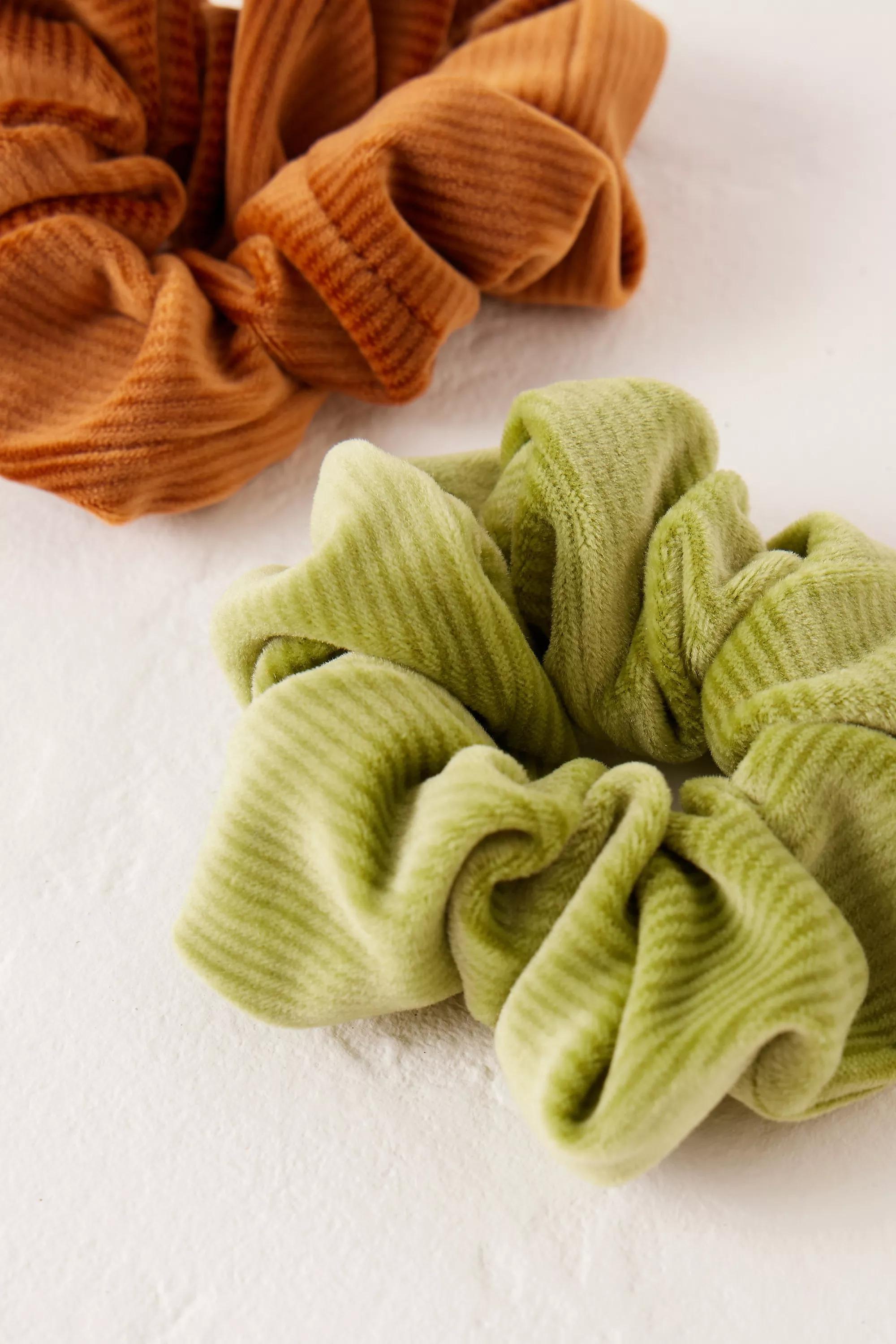 Corduroy Hair Scrunchies, Set Of 2, Green, A501_0030, large image number 0