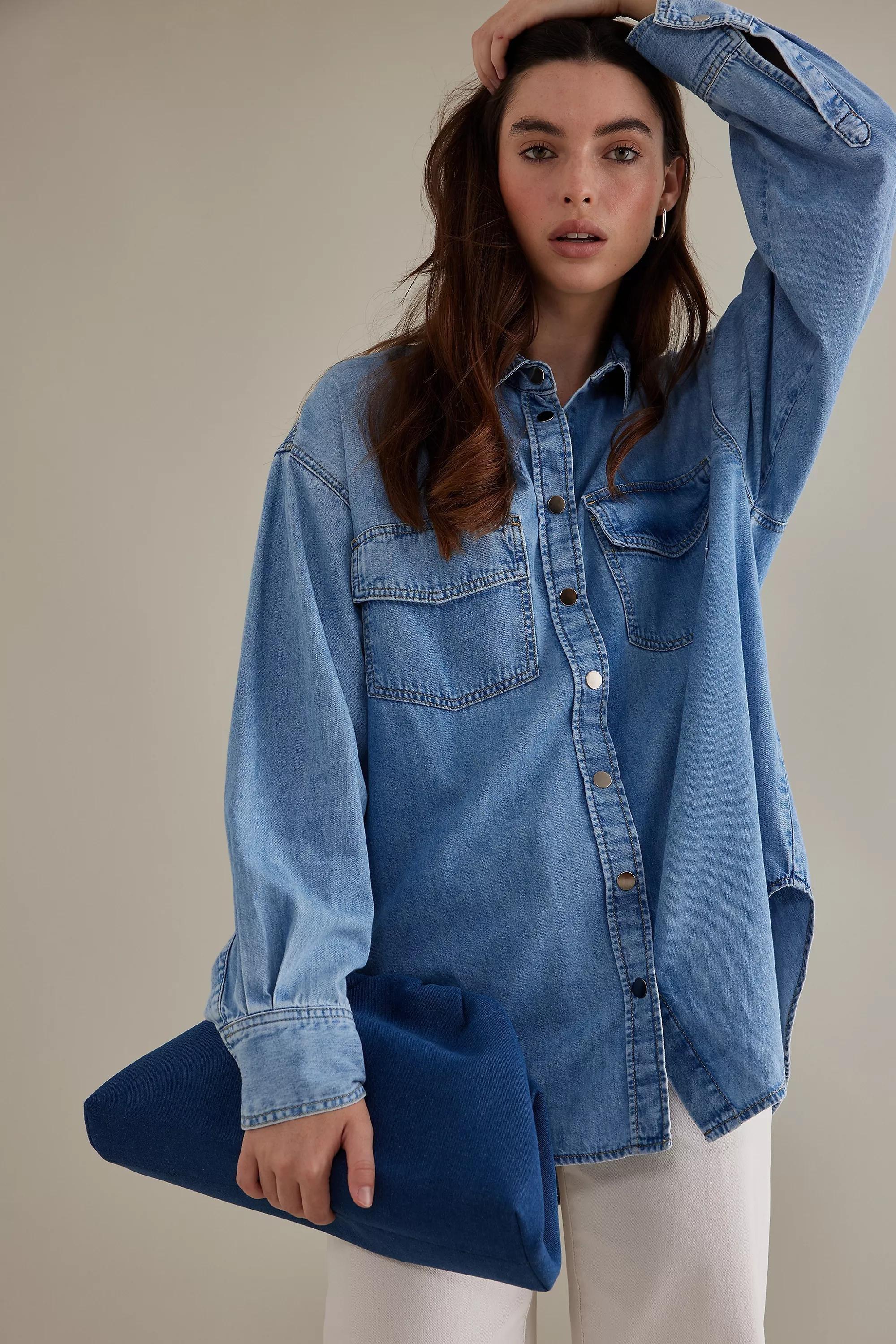 Medium Blue Oversized Denim Strap Clutch Bag, Denim, , large image number 0