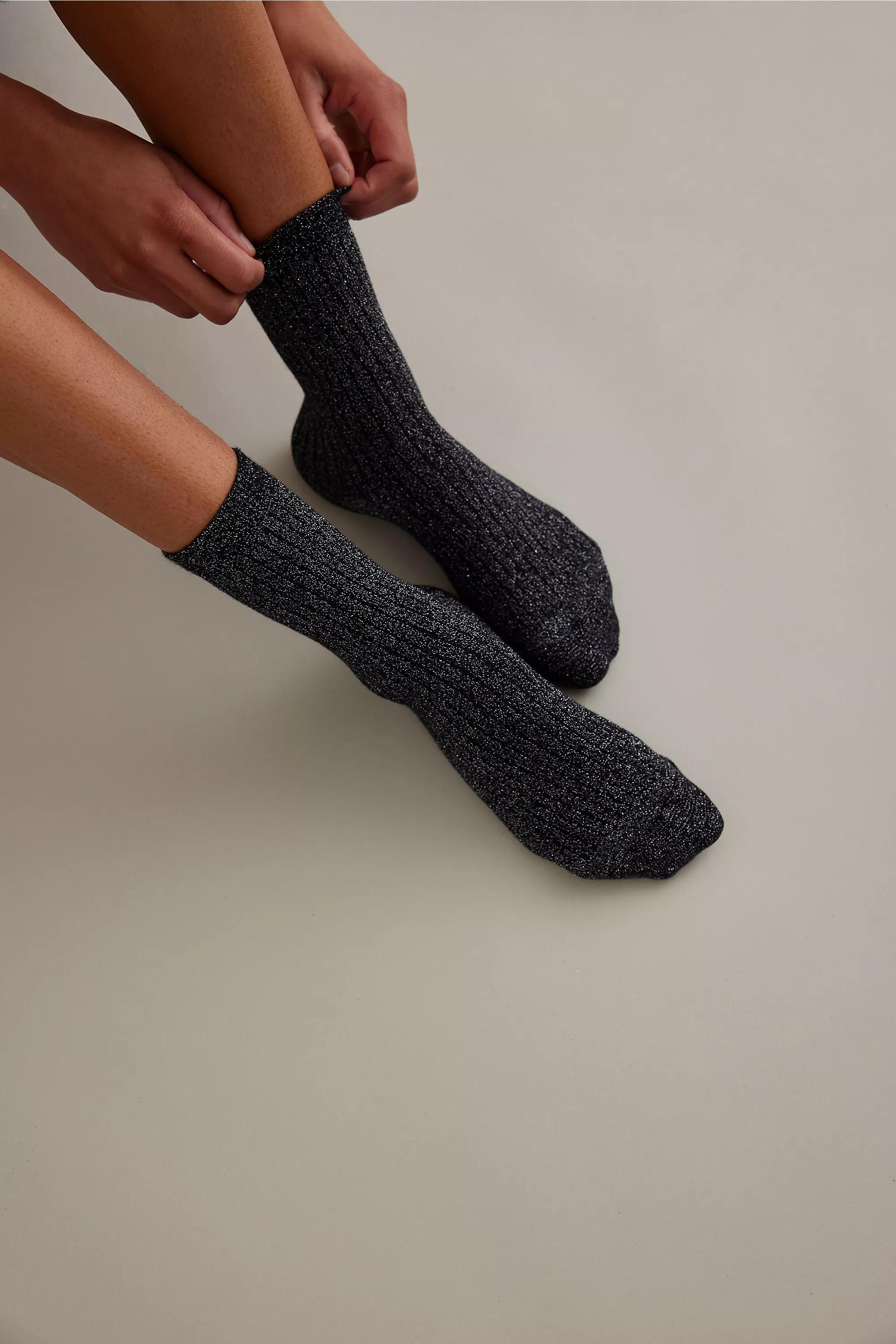Rib Lurex Glitter Crew Socks, Black, A501_0001, large image number 0