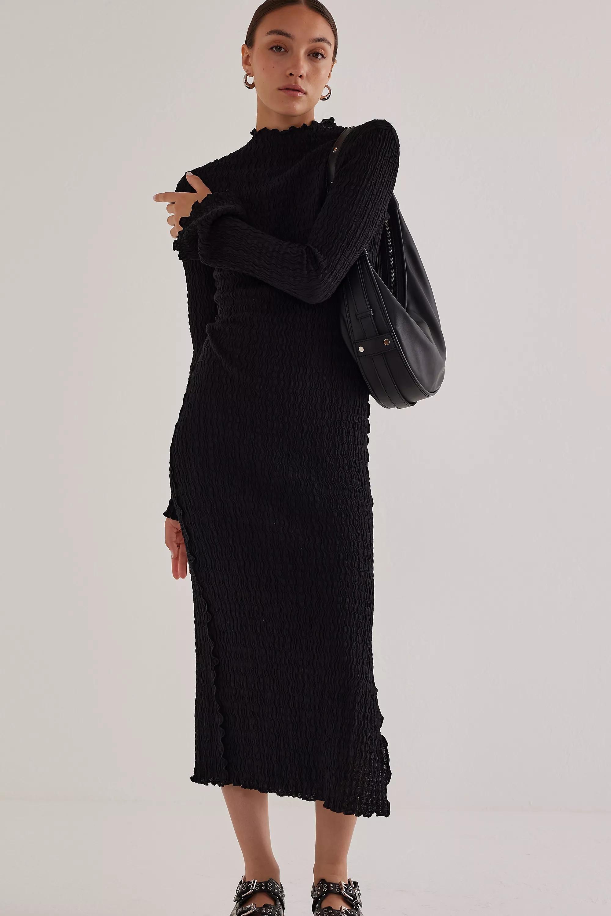 Mila Textured Mock-Neck Long-Sleeve Midi Dress, Black, , large image number 0