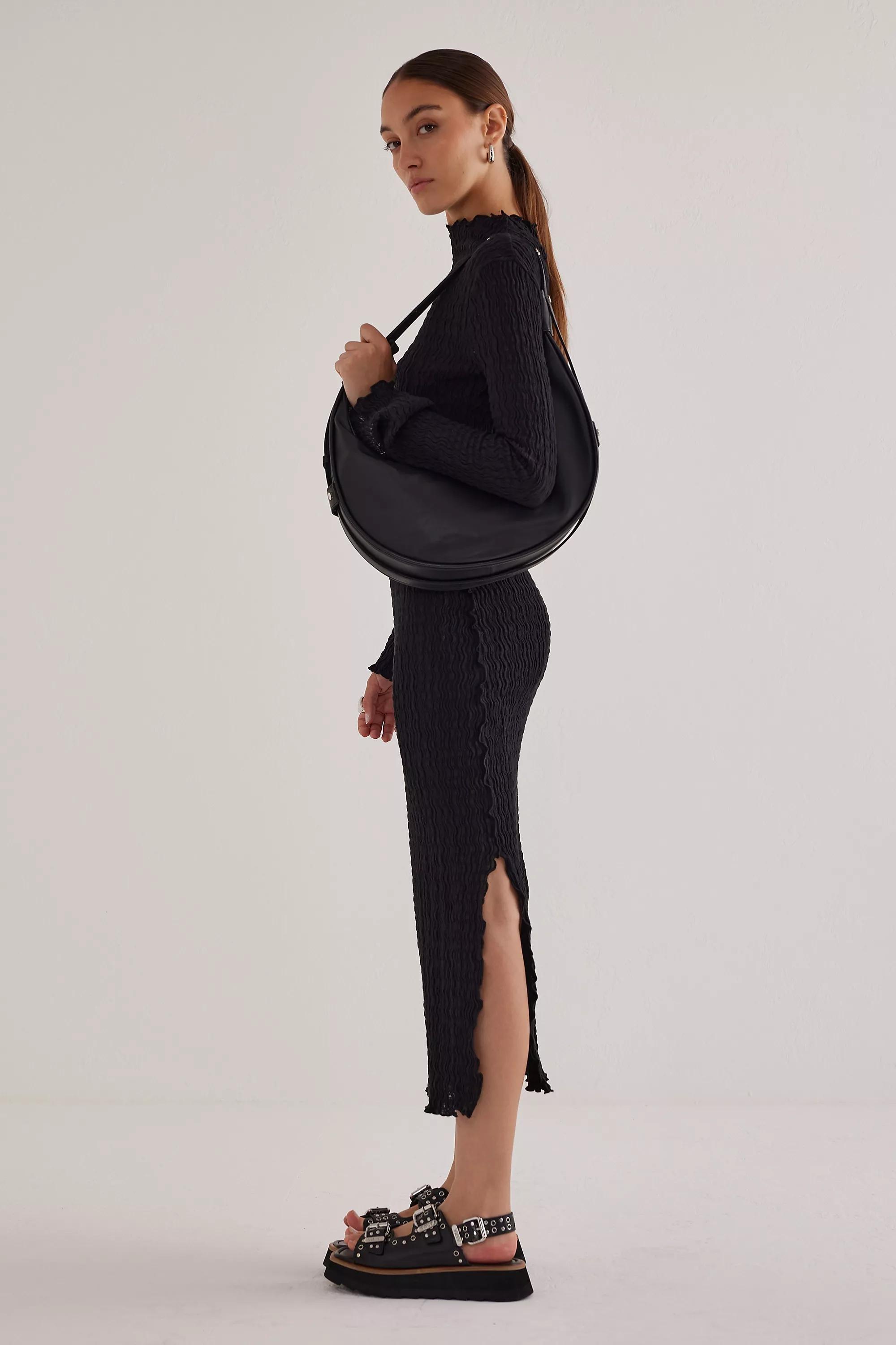 Mila Textured Mock-Neck Long-Sleeve Midi Dress, Black, , large image number 1